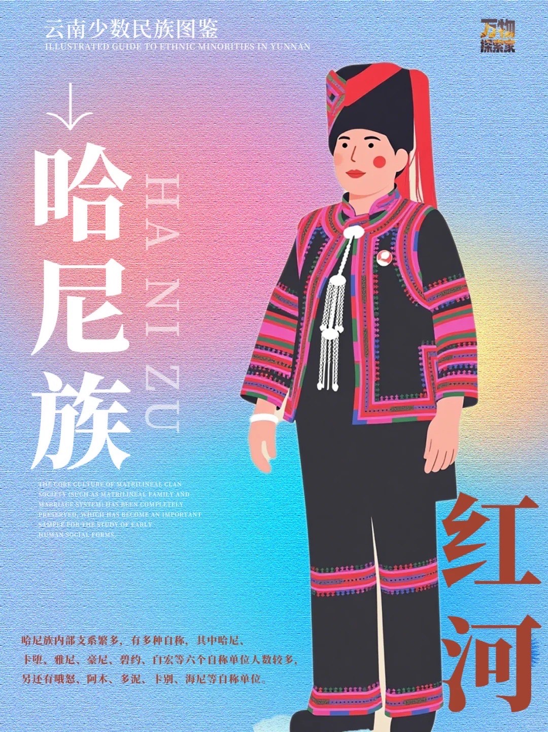 Illustrated Hani woman of Honghe in tall red-and-black headdress and embroidered jacket