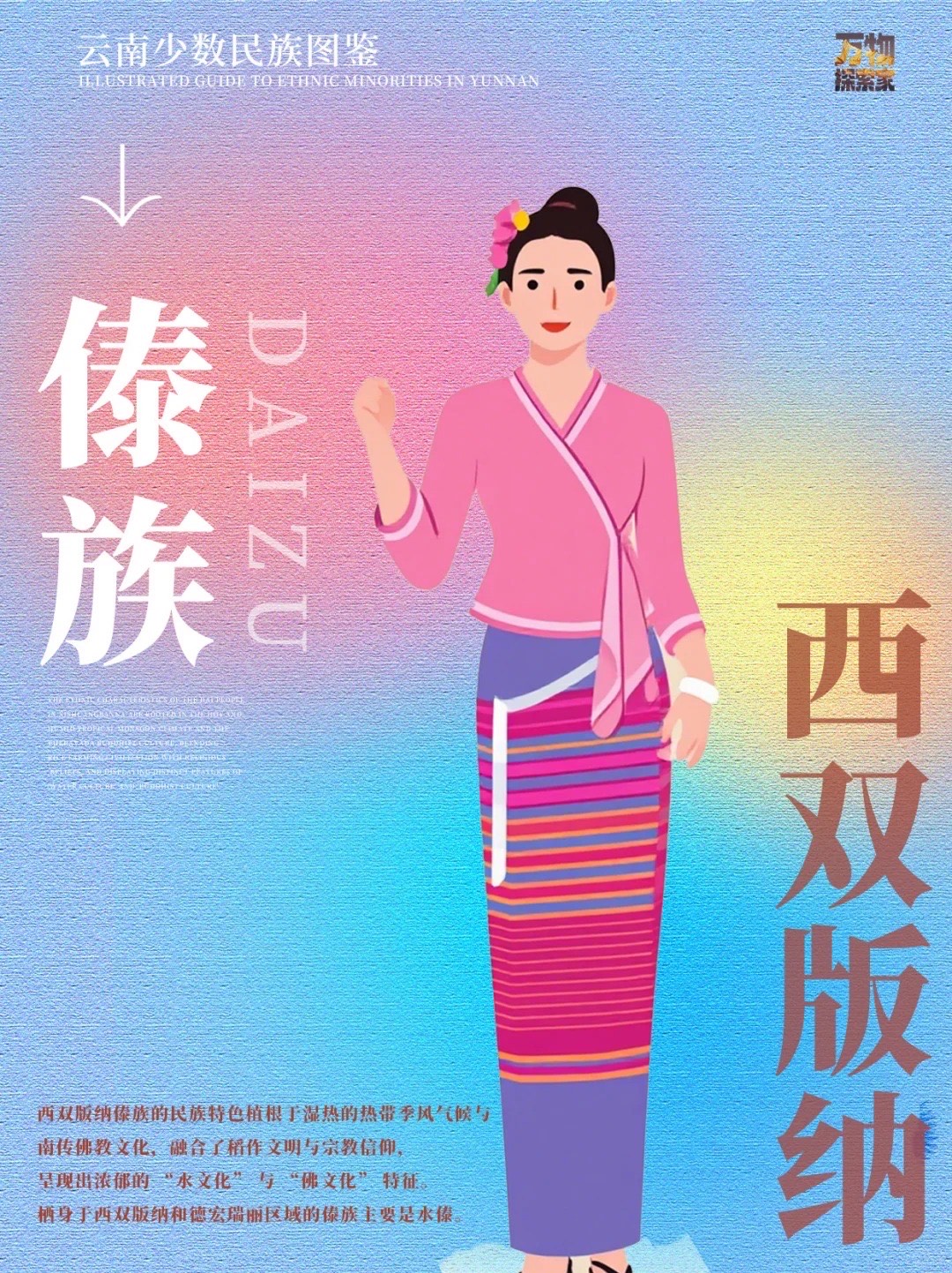 Illustrated Dai woman of Xishuangbanna in pink wrap blouse and long fitted sarong