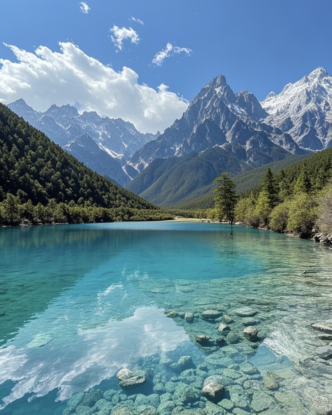 Turquoise alpine lake with clear pebbled water and snow-capped peaks in northwest Yunnan