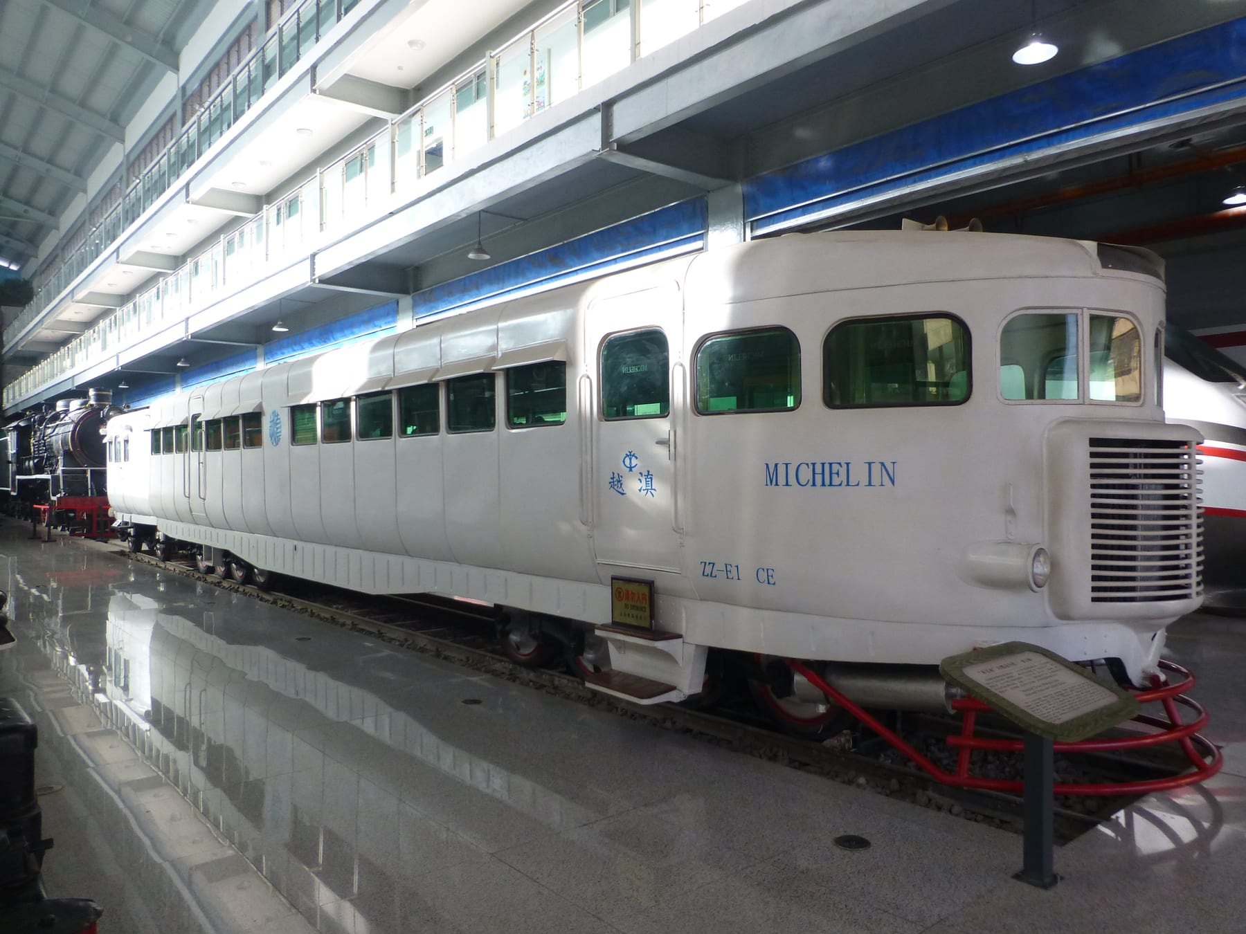 The white Michelin rubber-tyred railcar at the Yunnan Railway Museum, Kunming