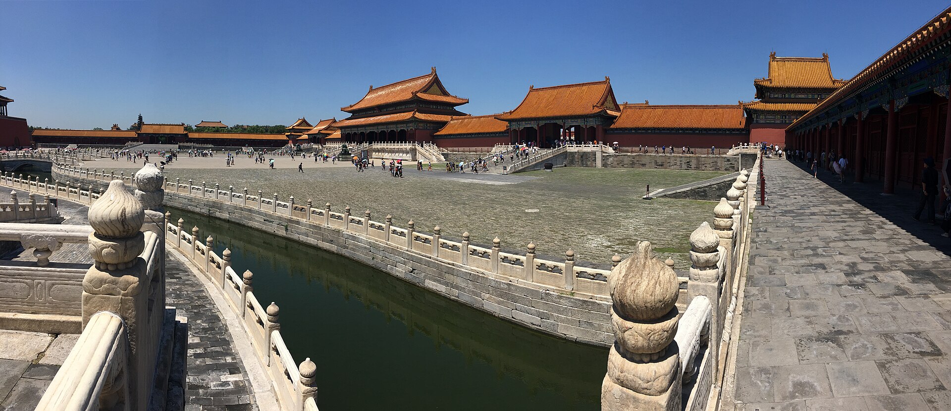 The Inner Golden Water River (内金水河) curving past marble balustrades toward the golden-roofed halls of the Forbidden City (故宫), Beijing
