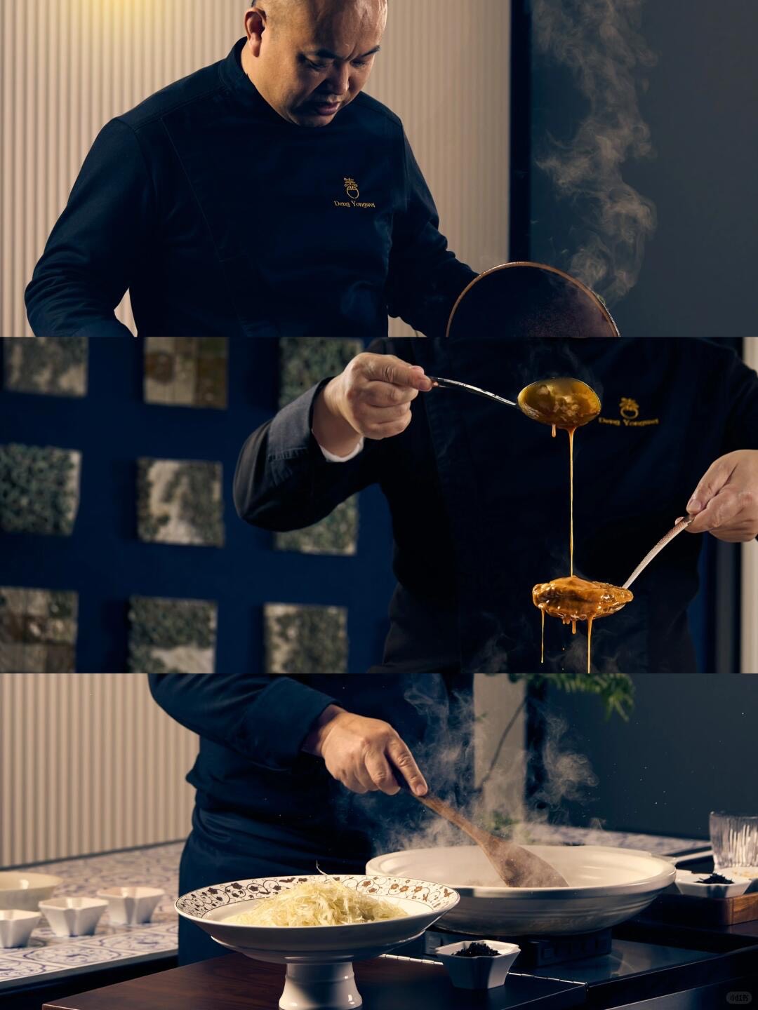 Chef in dark chef's jacket ladling glossy sauce over a braised dish amid rising steam in a Chengdu kitchen.