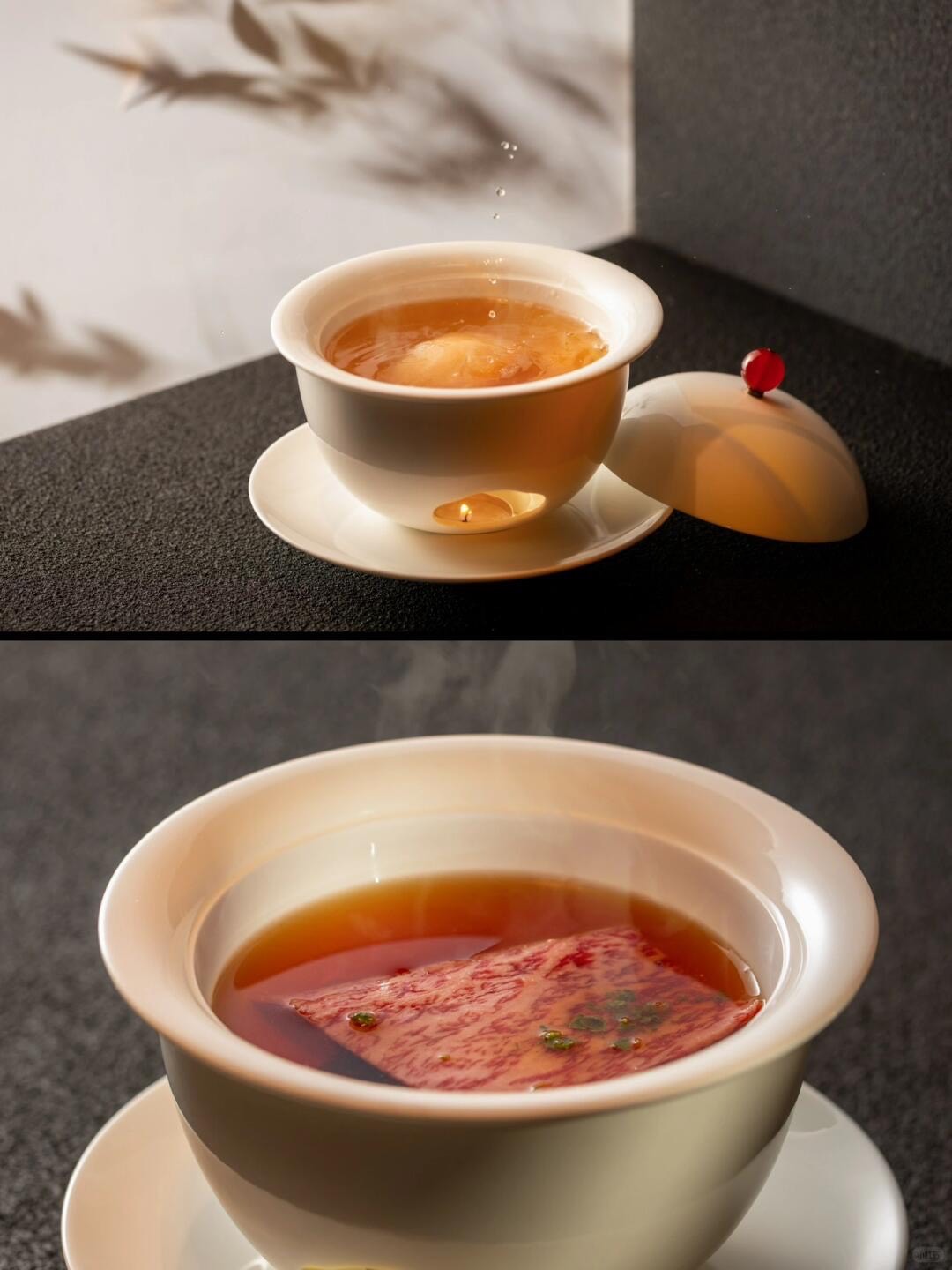 Two lidded porcelain bowls of clear double-boiled soup, one topped with a slice of marbled beef, at a Chengdu restaurant.