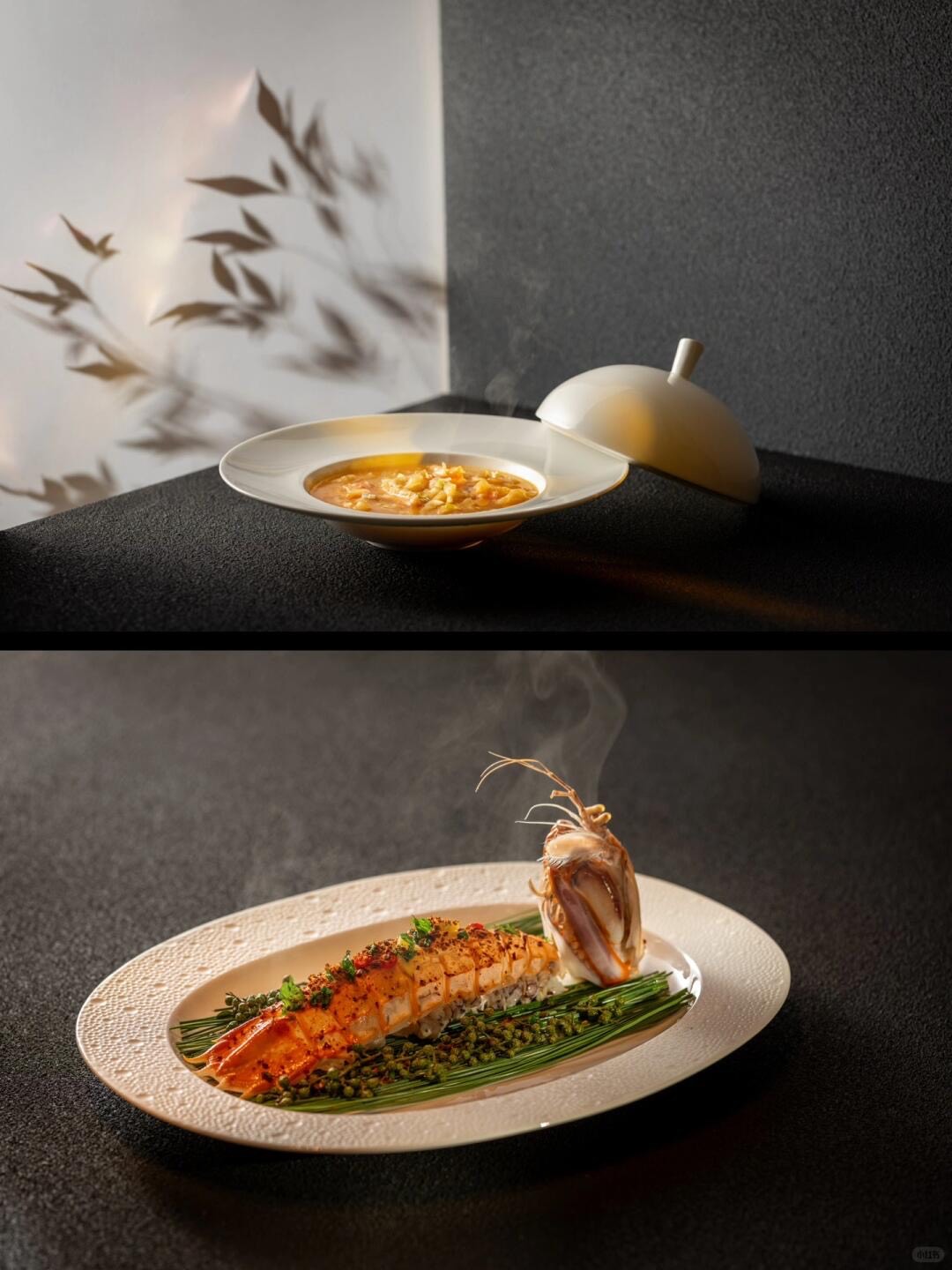 Plated fine-dining Sichuan dishes, a steaming soup and a chilli-spiced lobster tail on green herbs.