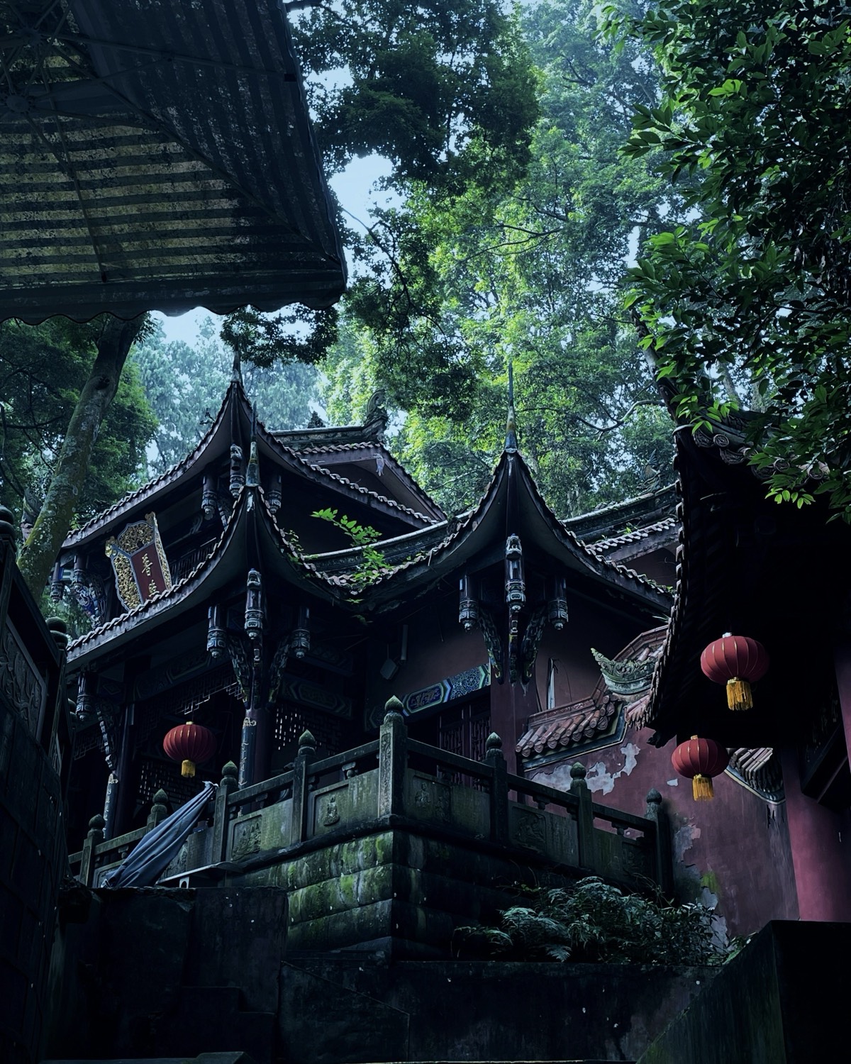Forest temple in Chengdu with upturned tiled eaves, carved brackets and red lanterns beneath tall green trees.