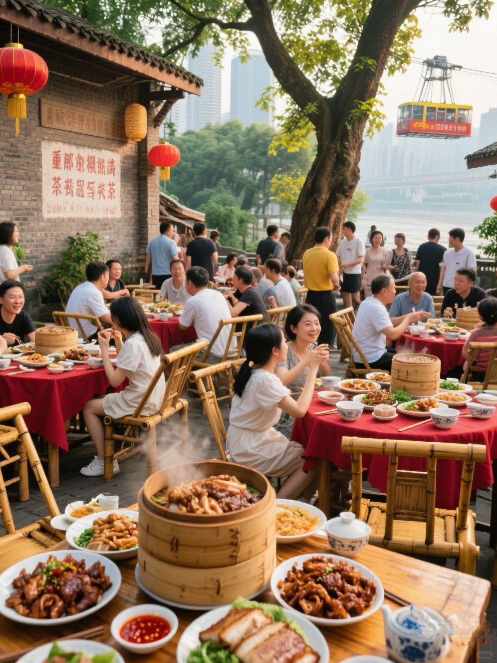 Diners share a spread of steamer baskets and hot dishes at riverside bamboo-chair tables as a cable car passes above.