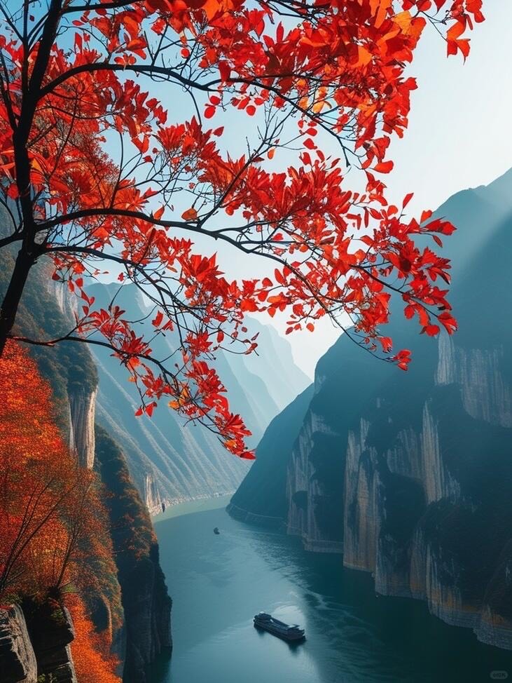 Fiery red autumn foliage framing a river gorge with a small cruise boat below near Chongqing's Sanxia Longji.