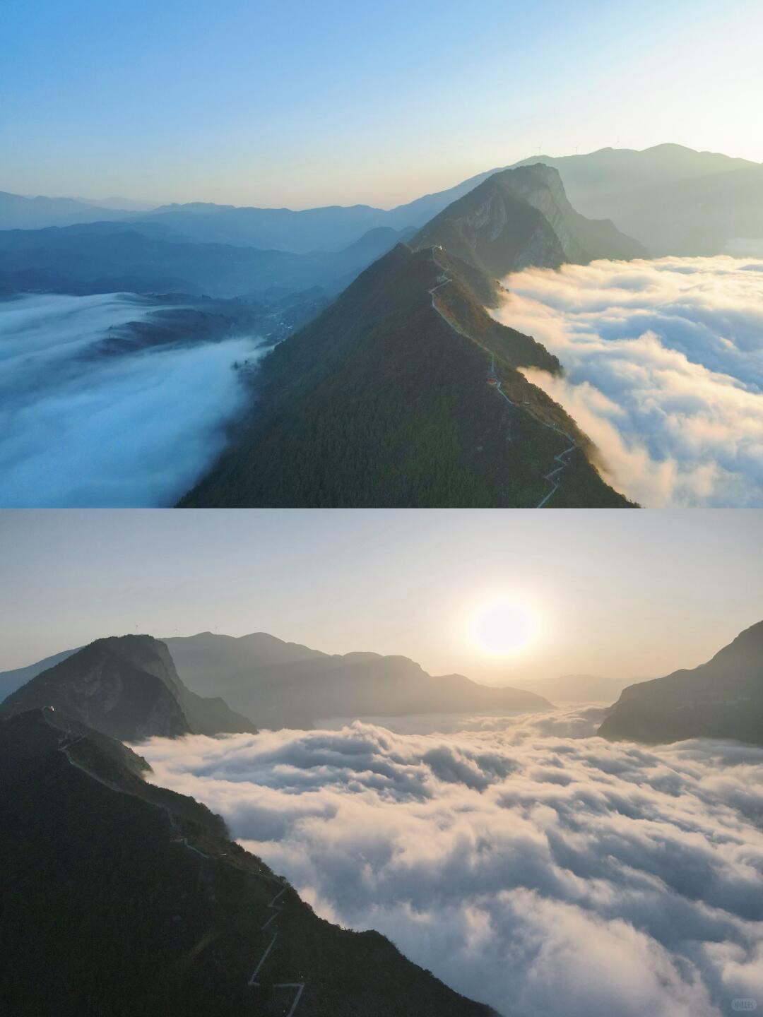 Aerial view of a forested mountain ridge rising above a sea of clouds at sunrise near Chongqing's Sanxia Longji.
