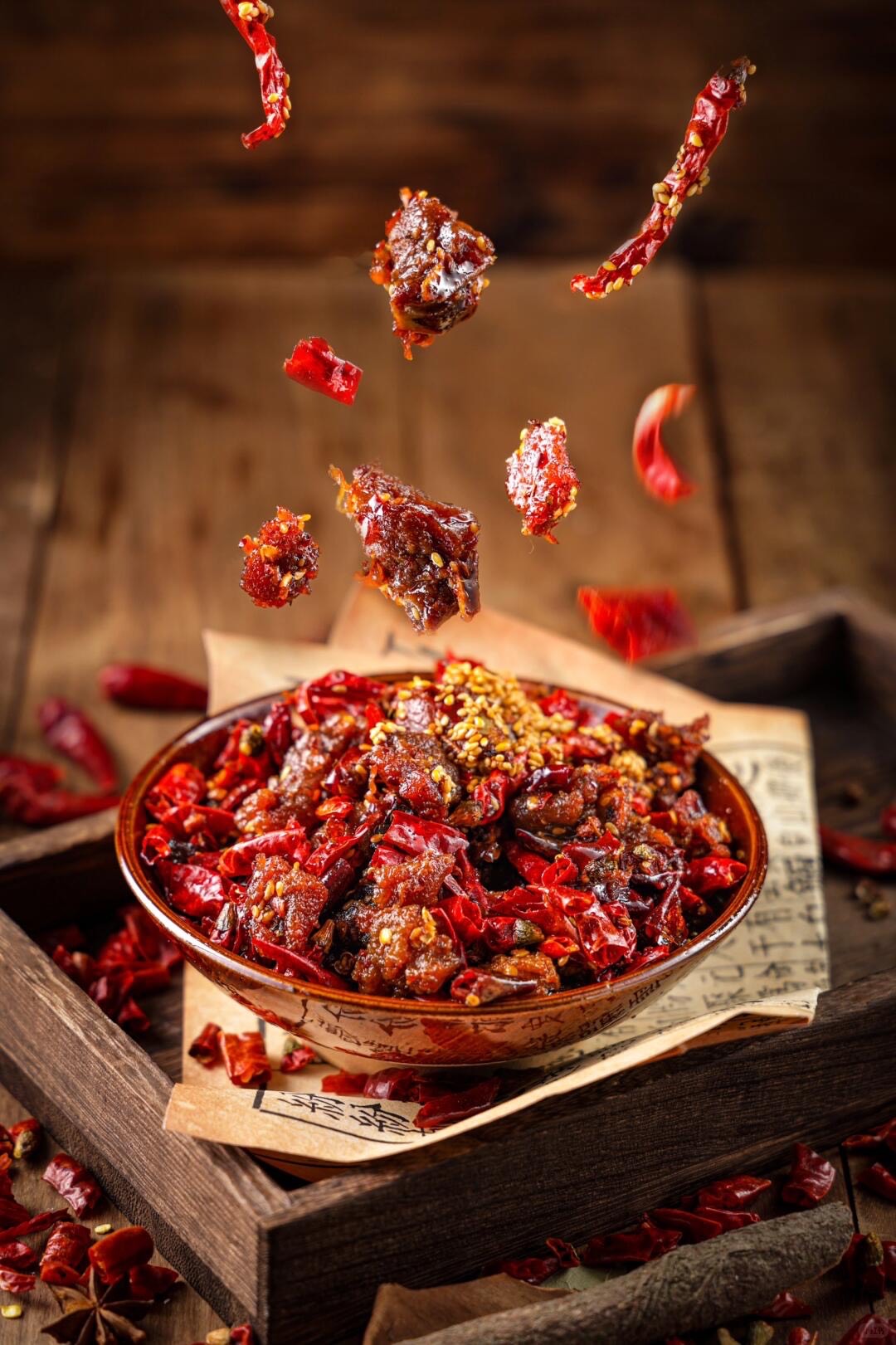 Bowl of glossy spicy beef with sesame amid dried red chillies on a rustic wooden tray, a Chongqing culinary specialty.