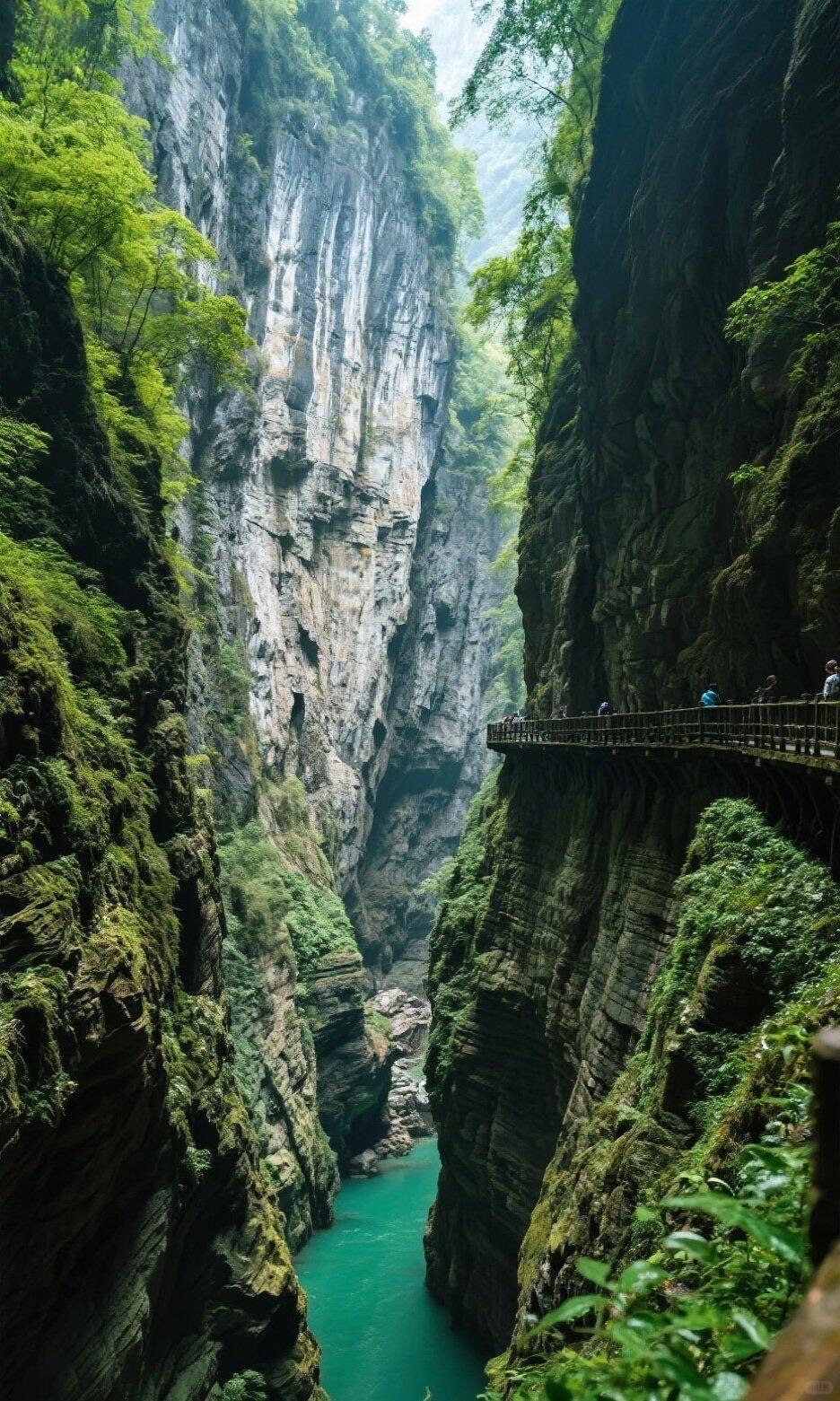 Visitors on a cliff-edge walkway high above a turquoise river in a deep green Wulong karst canyon near Chongqing.