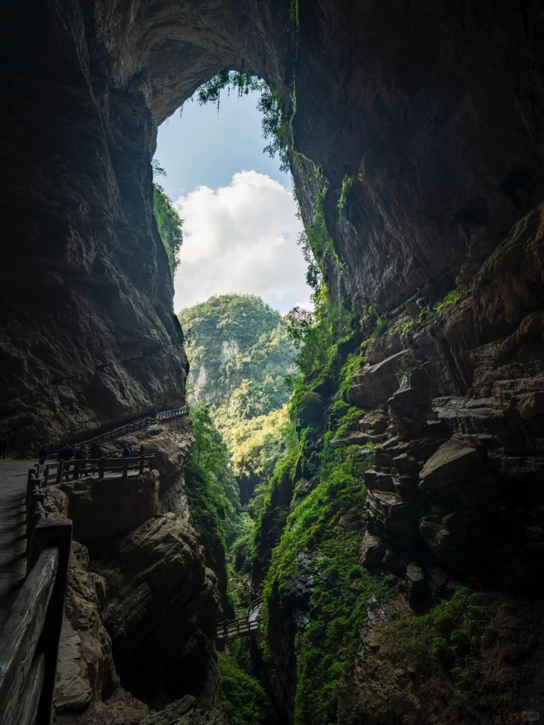 Walkway beneath a towering karst cavern arch opening onto lush green cliffs at Wulong near Chongqing.