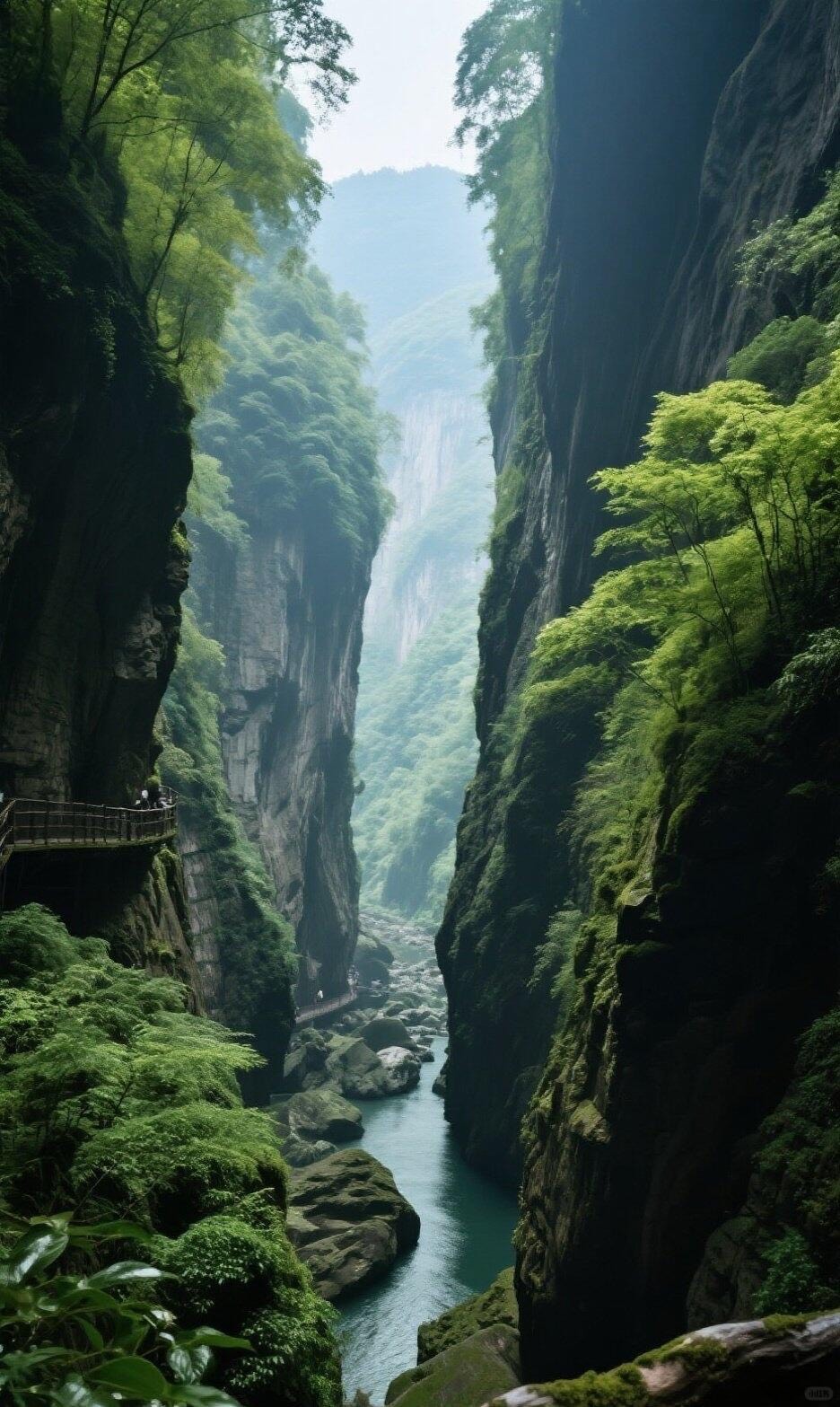 Towering moss-covered karst cliffs framing a jade-green river and cliff walkway in Chongqing's Wulong gorge.