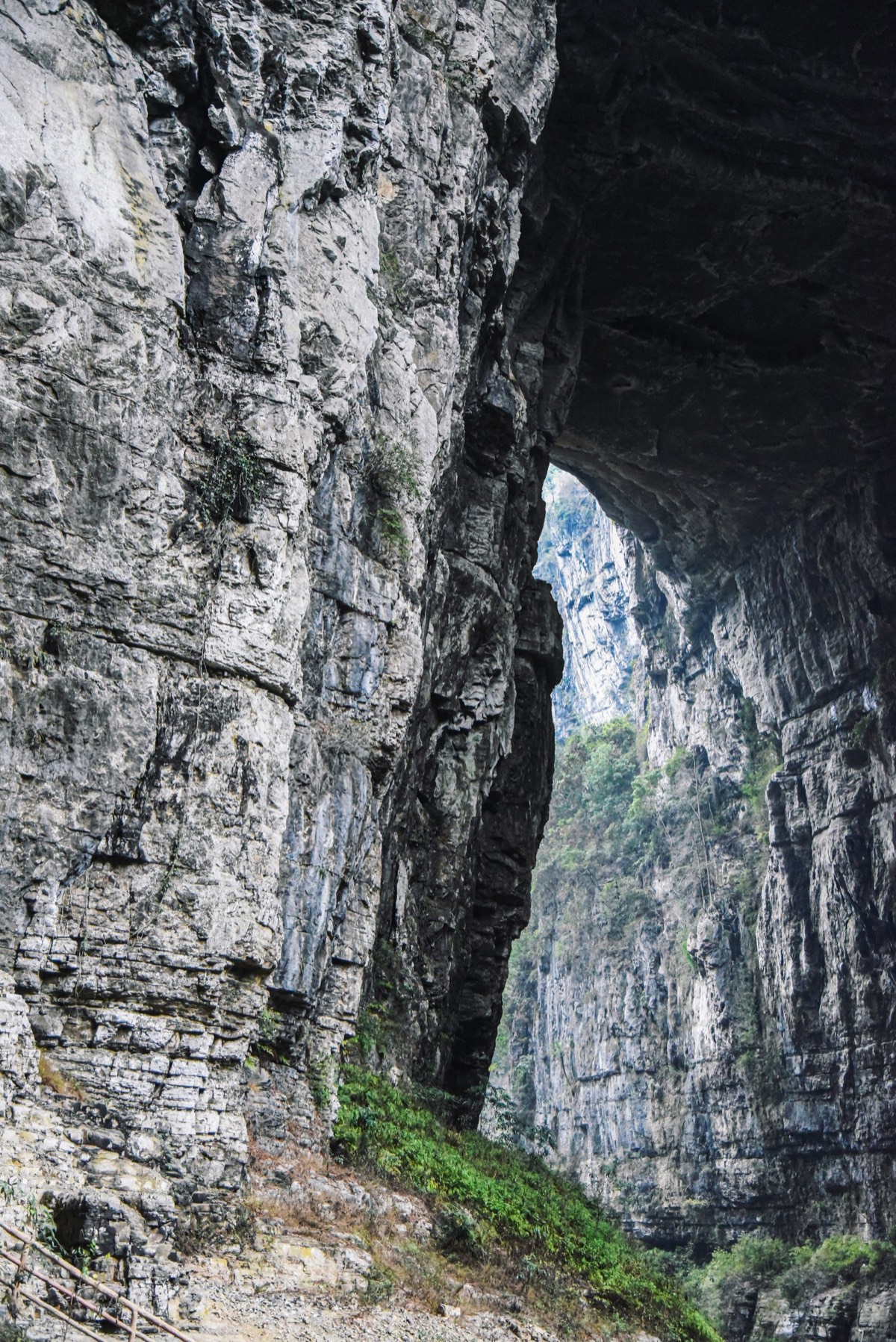 Towering grey limestone cliffs framing a natural rock arch over a green canyon at Wulong karst near Chongqing.