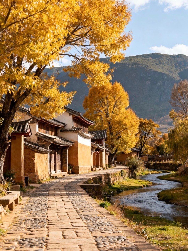 Golden ginkgo trees over a cobbled lane of earthen Bai houses beside a stream, with mountains rising behind in autumn near Dali.
