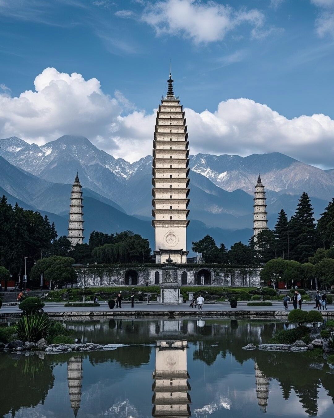 The Three Pagodas of Chongsheng Temple mirrored in a still pond below the Cang Mountains, Dali