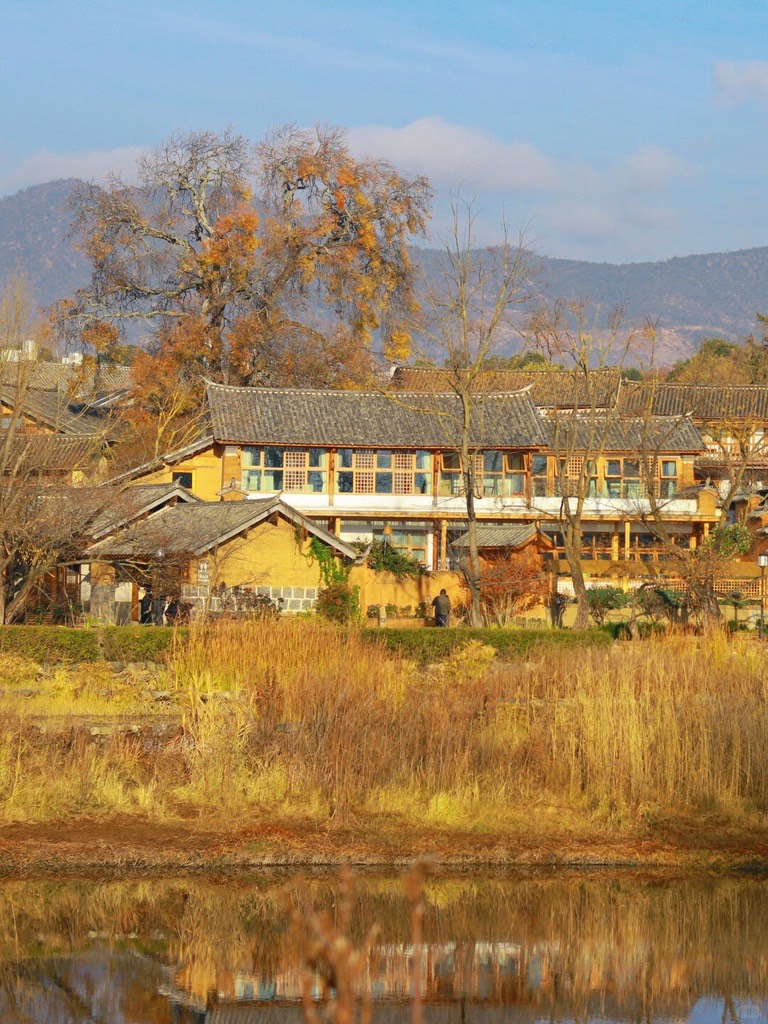 Shaxi old town across the autumn reeds in golden afternoon light — the kind of slow afternoon the wellness scene is built around
