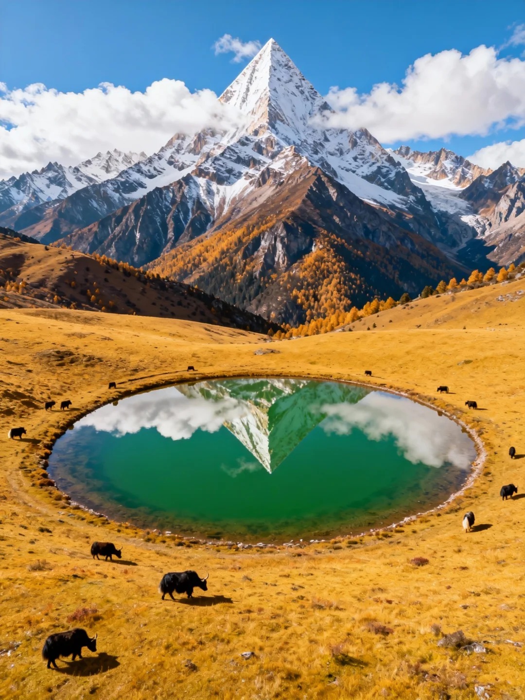 The Eye of Genie — snow-capped Mt Genie mirrored in a teardrop pool, yaks grazing in autumn meadow