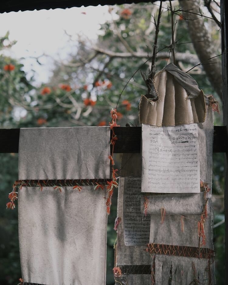 Hand-stitched cloth scrolls inscribed with script hang among flowering branches in the forest at Jingmai Mountain.