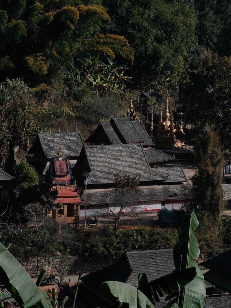 Tiered dark-tiled temple roofs and a gilded stupa nestled among forest and banana plants in a Jingmai village.