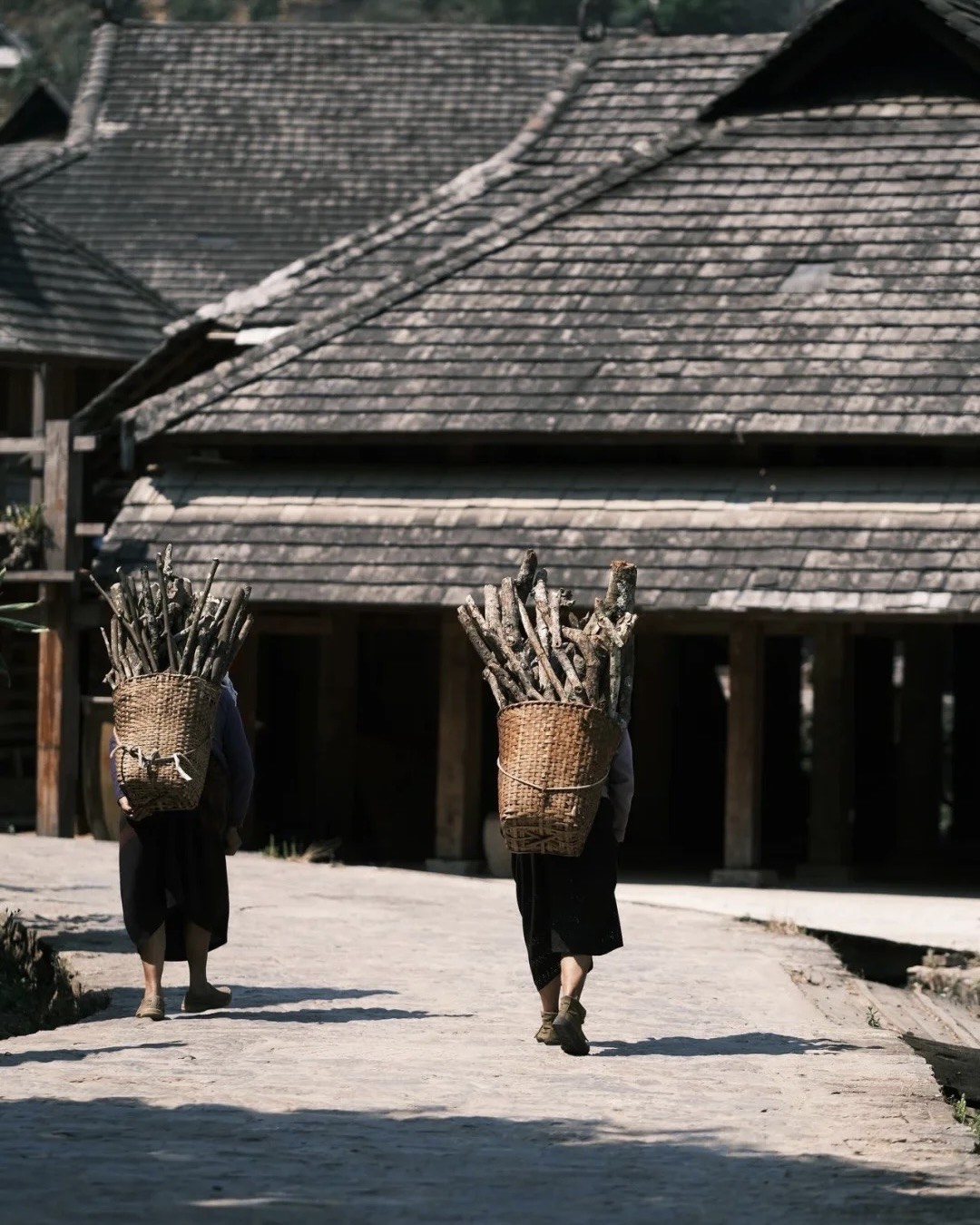 Two villagers walk a stone lane carrying woven back-baskets of firewood past a wood-shingled house on Jingmai Mountain