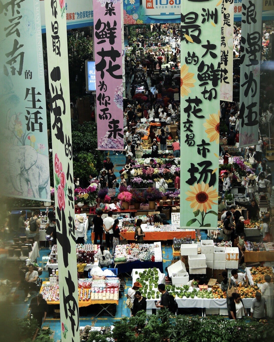 Shoppers crowd the bustling aisles of Kunming's flower market beneath tall Chinese-lettered banners and stalls.