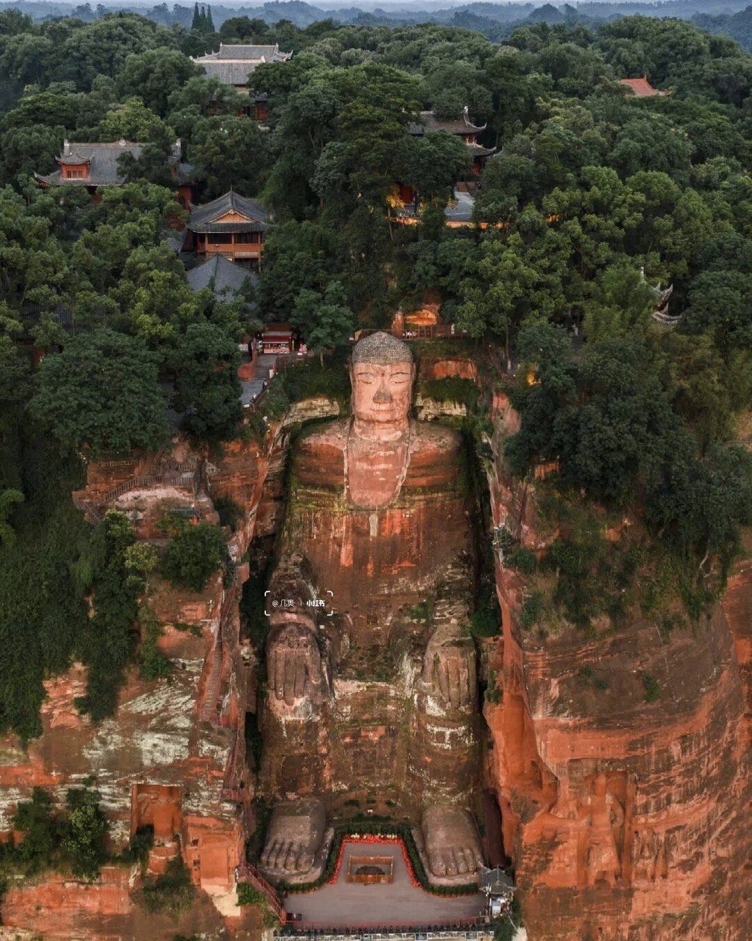 Aerial view of the giant seated Leshan Buddha carved into a red cliff, framed by forested temple rooftops.