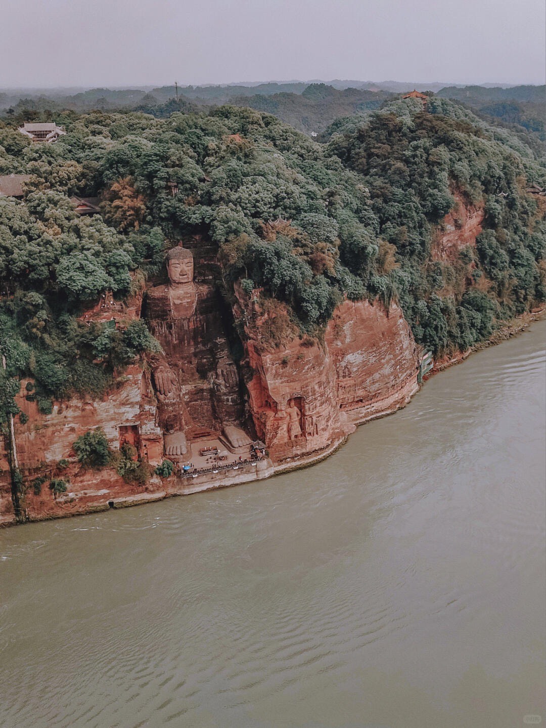 The Leshan Giant Buddha seated in a forested red-rock cliff above the wide river seen from across the water.