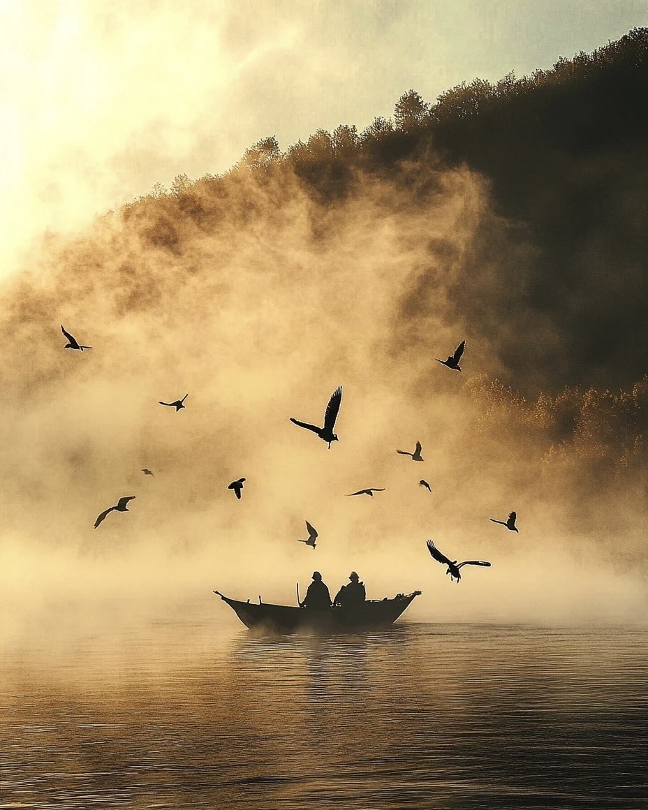 Two fishermen silhouetted in a wooden boat on misty Lugu Lake at dawn as birds swirl in golden light.
