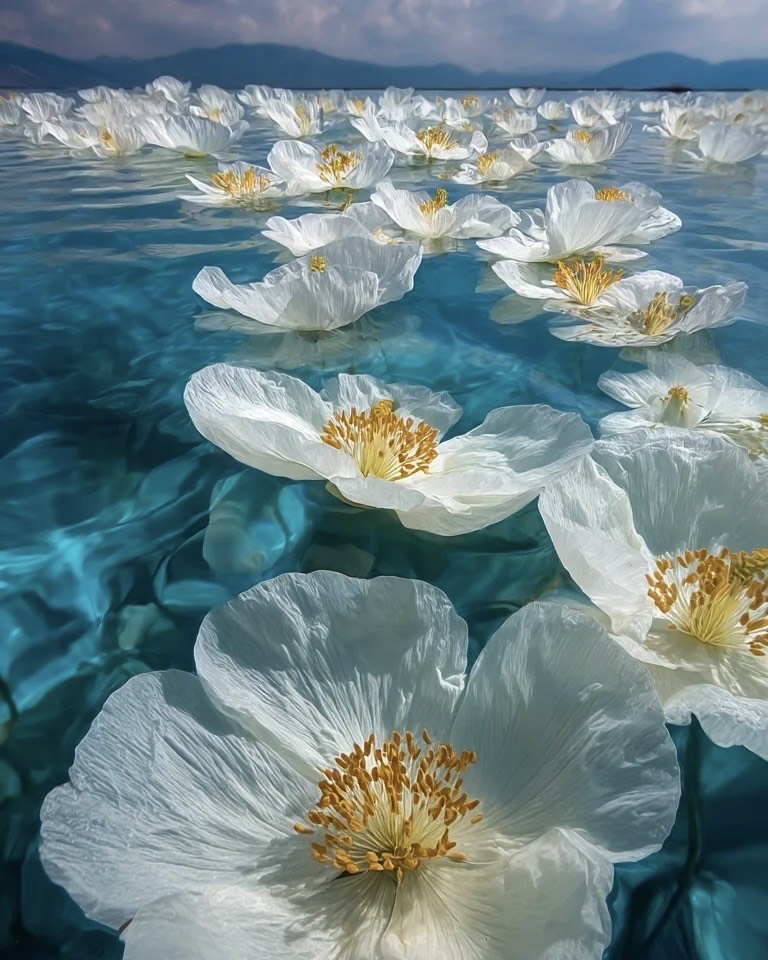White blossoms with golden centres float across the clear turquoise water of Lugu Lake below distant hills.
