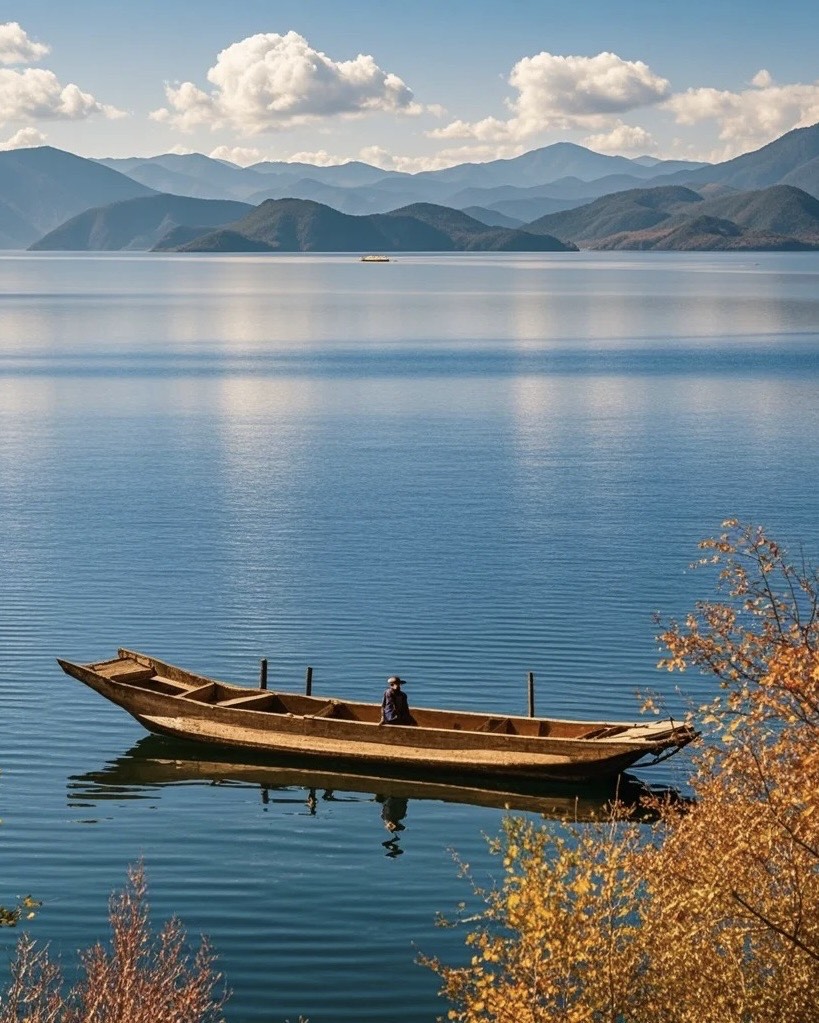 A wooden dugout boat rests on calm blue Lugu Lake framed by golden autumn foliage and distant mountains.