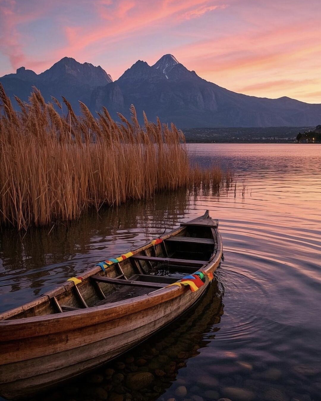 A wooden boat rests among lakeside reeds on Lugu Lake as a pink sunset glows over jagged mountains.