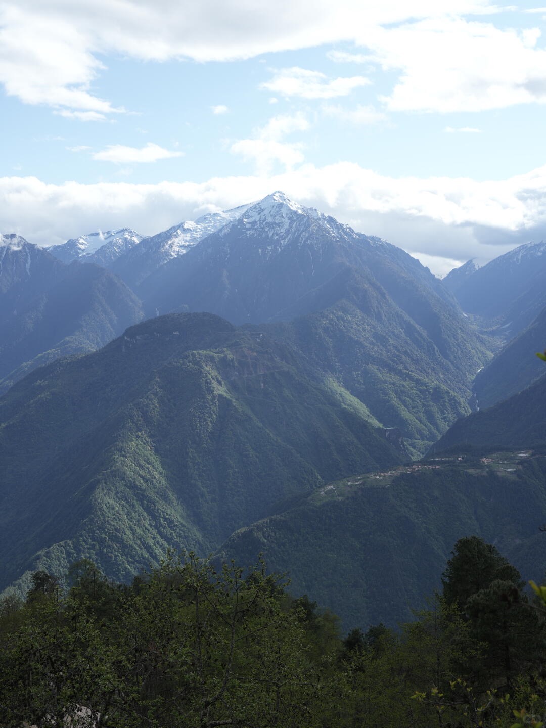 Layered ridgelines of the Three Parallel Rivers area with snow peaks behind — China's Last Frontier loop