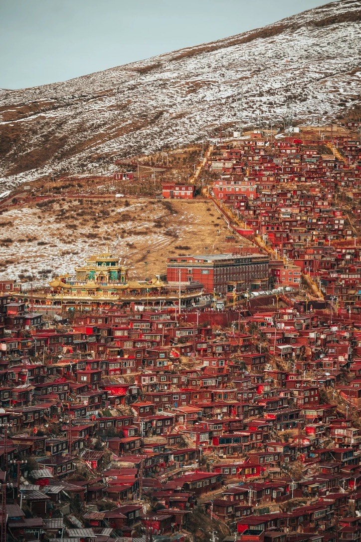 Golden-roofed assembly hall rising above a hillside blanketed in Seda's red monastic houses below a snowy ridge.