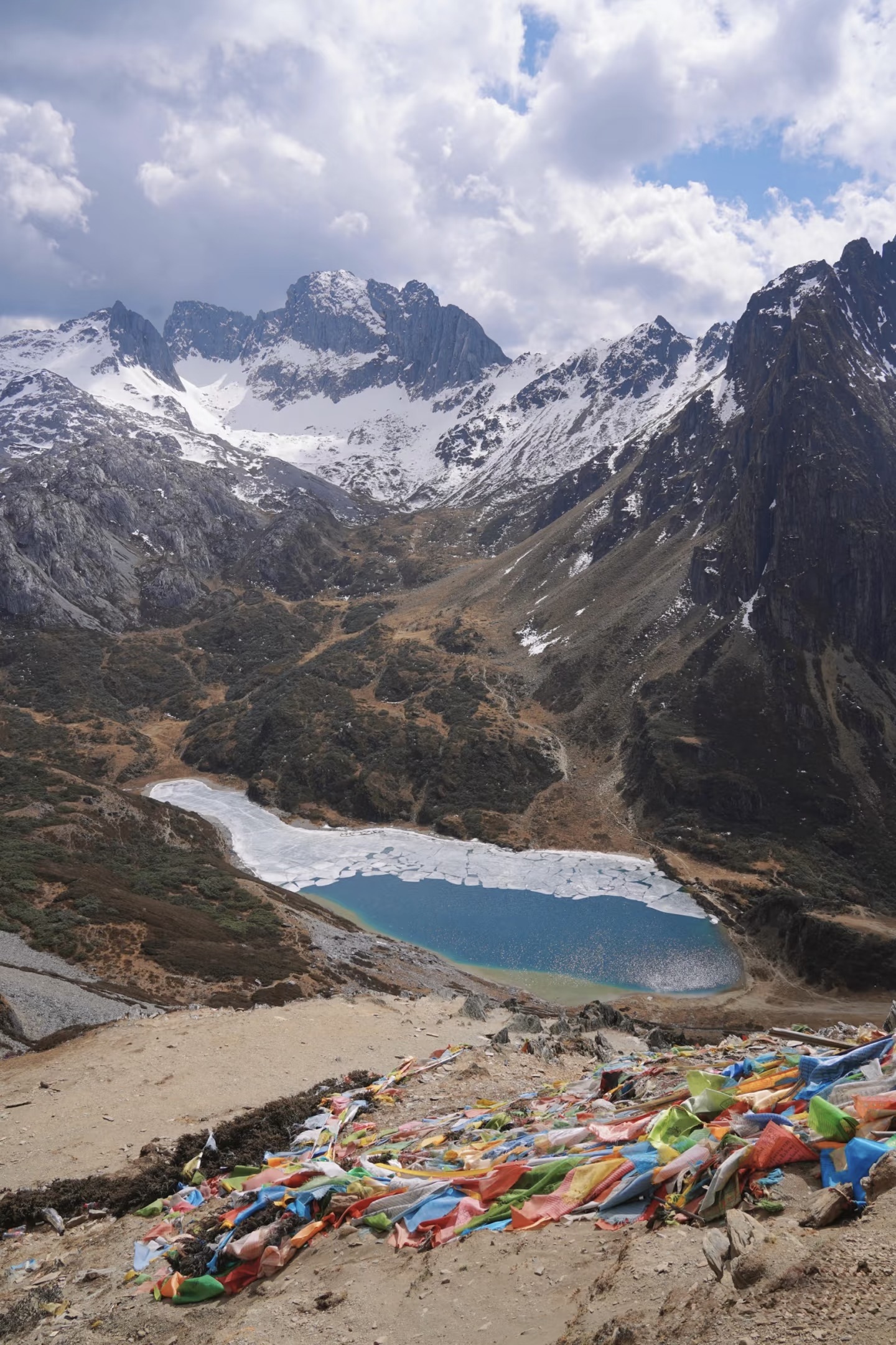 Tibetan prayer flags strung above the turquoise water of Abujicuo at 4,220 m