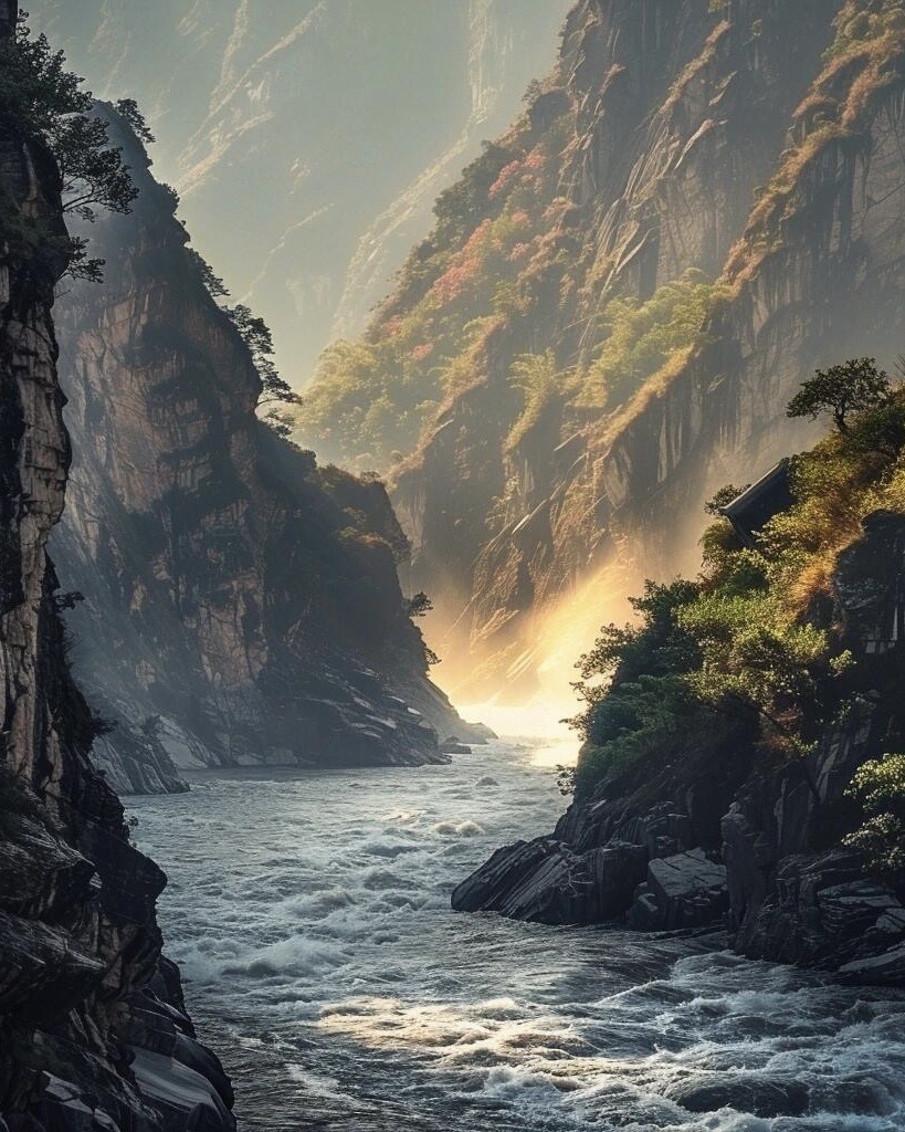 White-water rapids surging between towering cliffs in a deep gorge lit by golden light at Tiger Leaping Gorge.