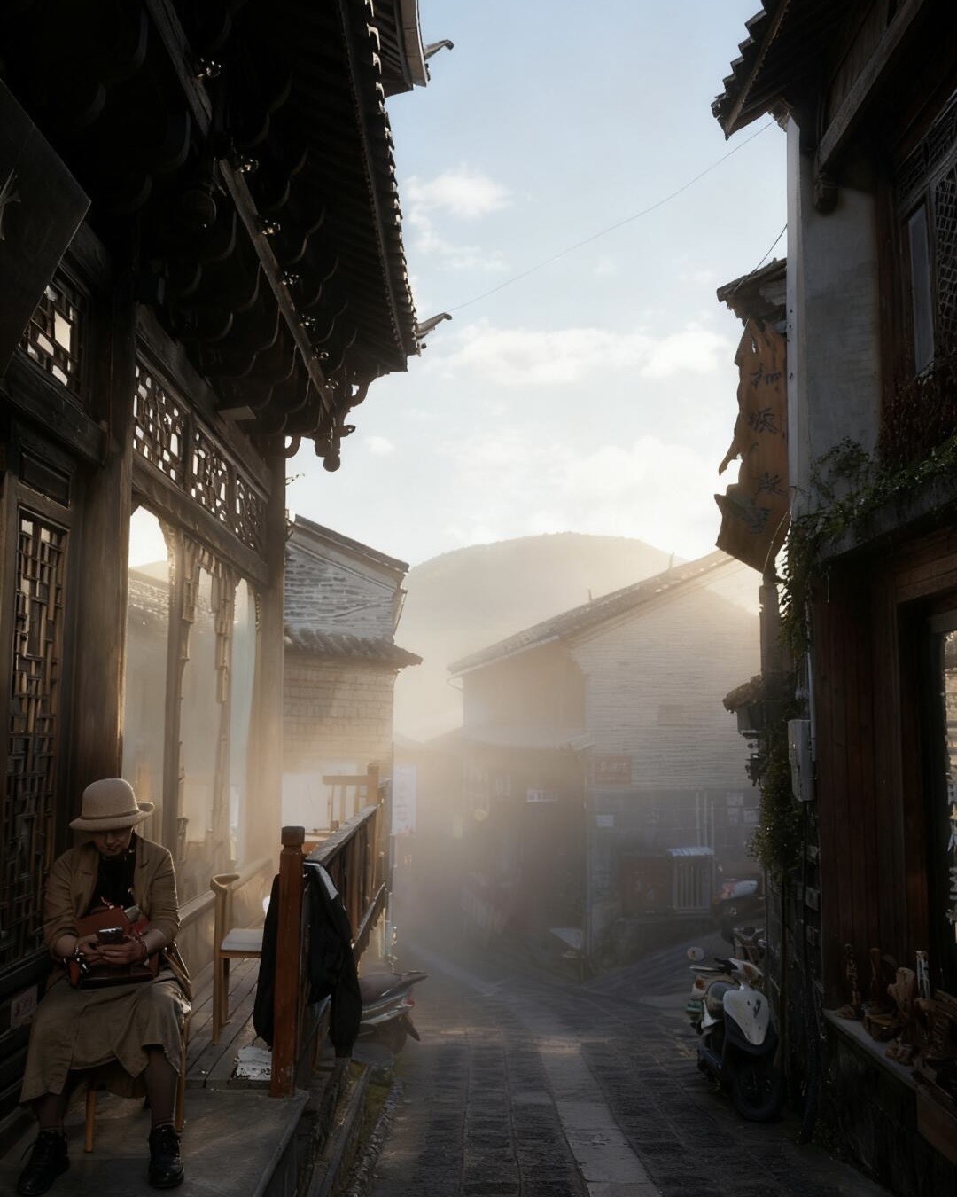Golden morning light streaming down a cobbled lane between old timber-and-tile houses as a woman sits reading on a porch.