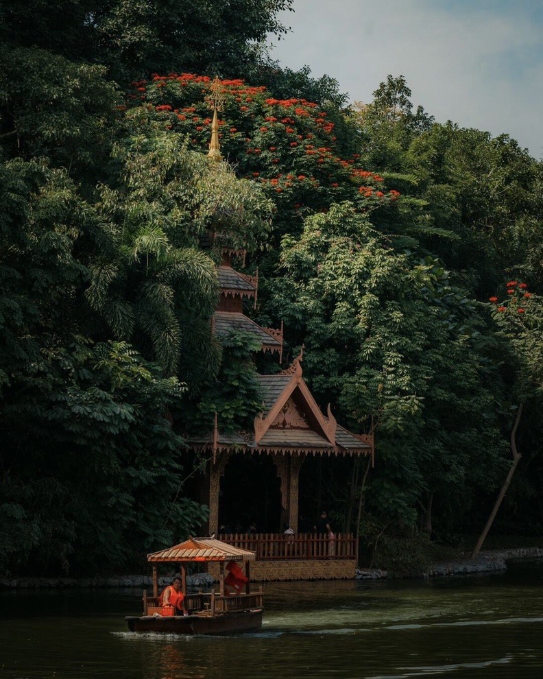 A woman in a red dress stands at the edge of a pond covered with giant water lily pads in a lush garden.