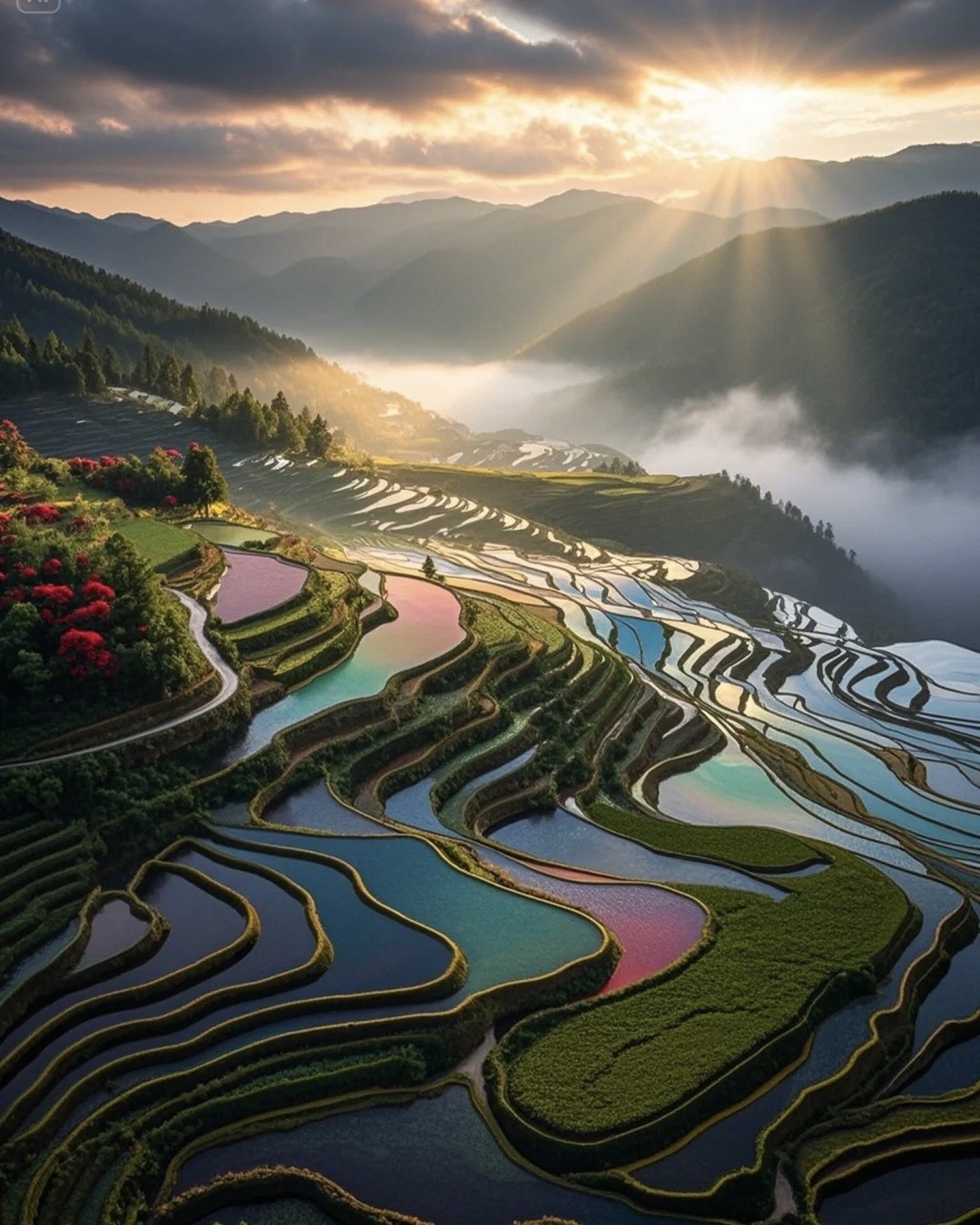 Sun rays break over misty mountains above Yuanyang's shimmering rice terraces edged with red flowering shrubs.