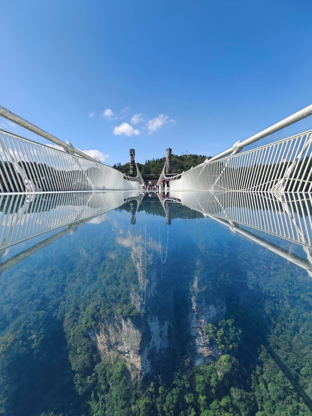 Glass-floored suspension bridge mirroring blue sky and clouds above a forested canyon far below.