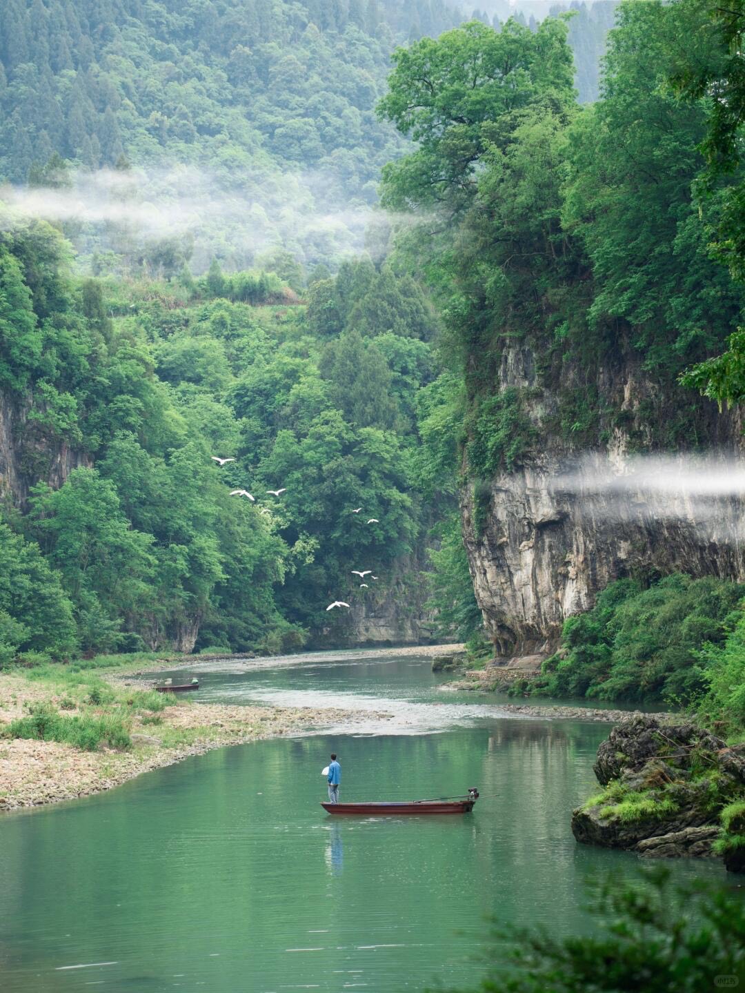 Lone figure standing on a wooden boat drifting down a jade-green river between forested cliffs as white egrets fly past.