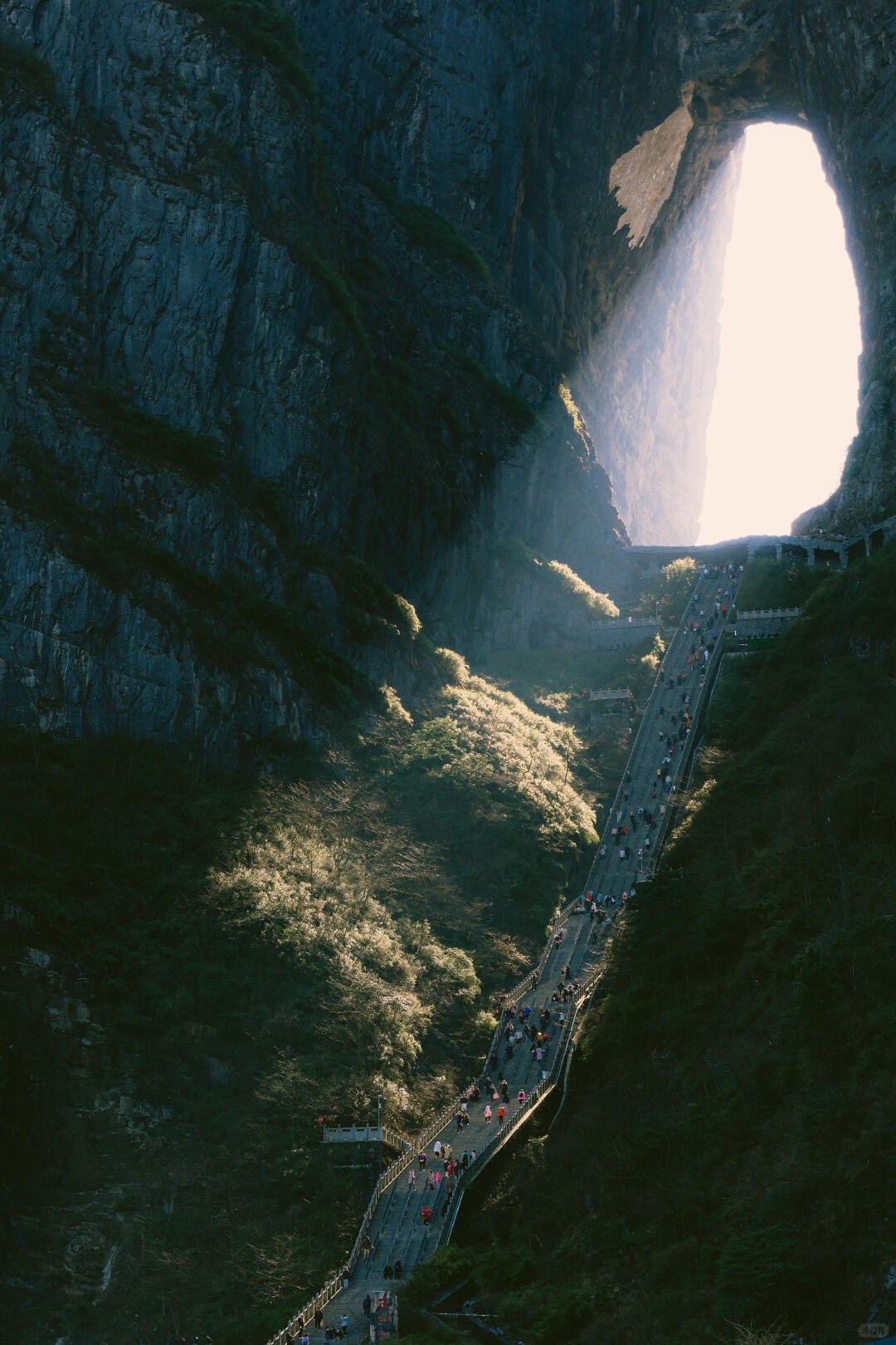 Crowds climbing the long zig-zag stairway toward the vast natural rock arch of Tianmen Mountain in golden light.