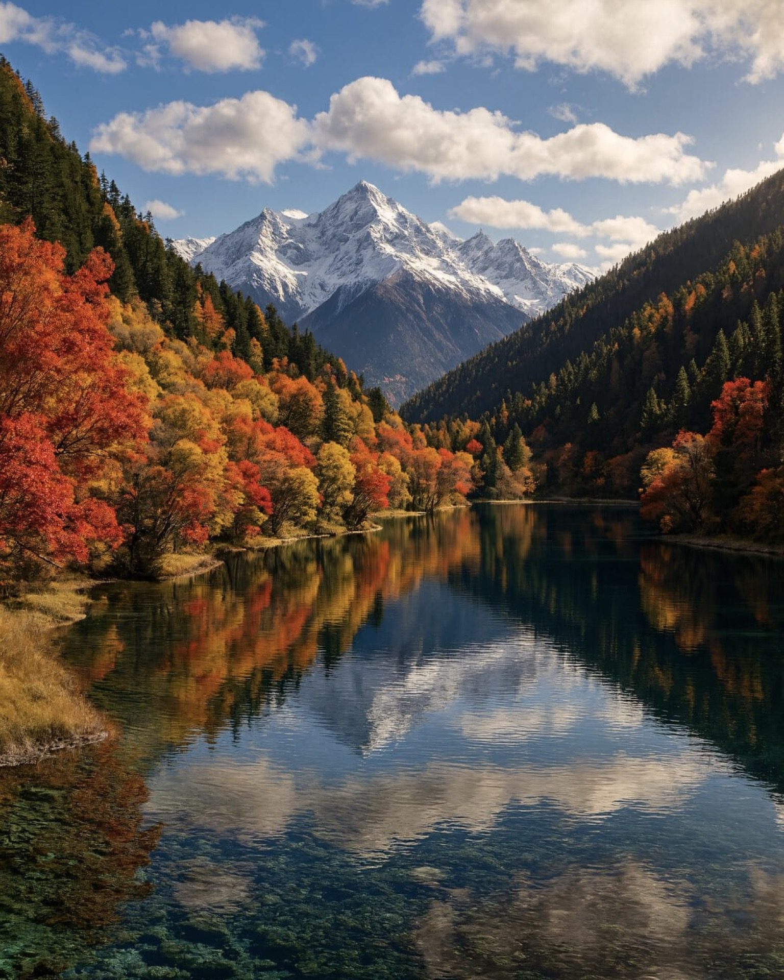 Vibrant multicoloured autumn forest surrounding a Jiuzhai Valley lake