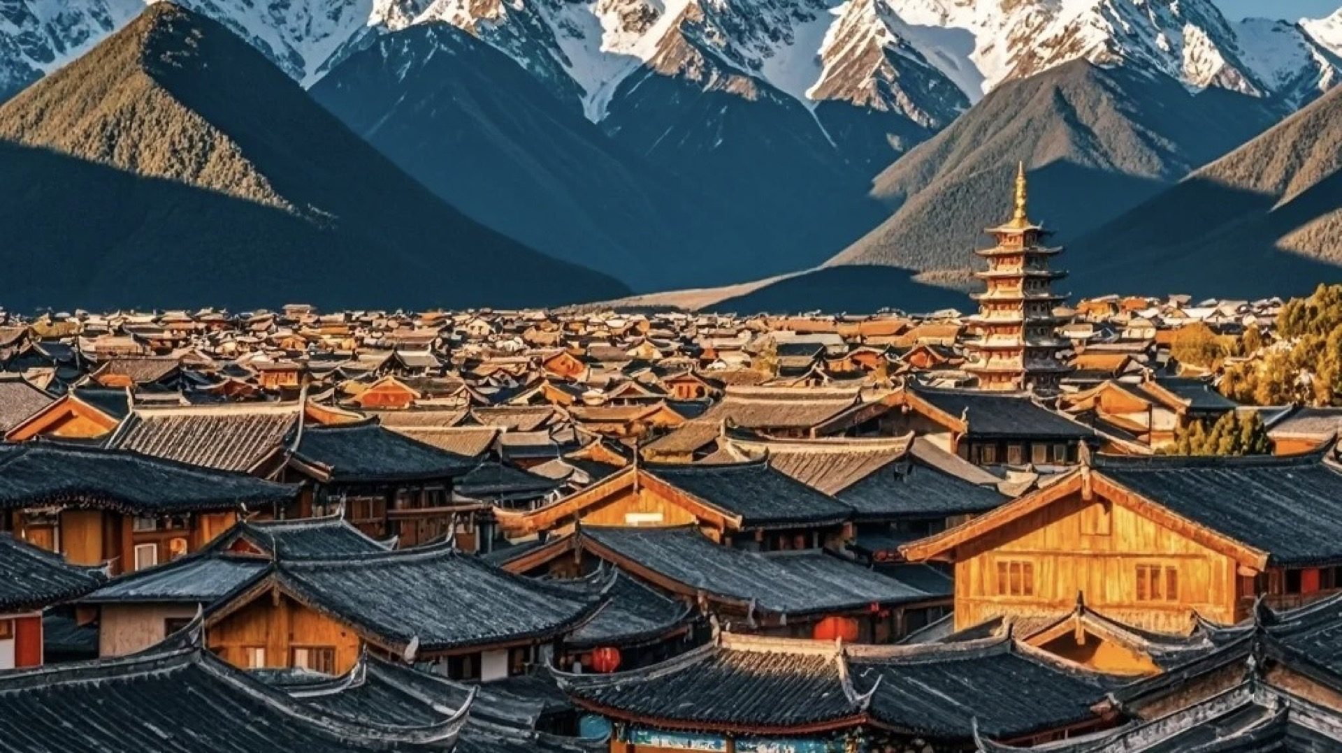 Soft afternoon light over Lijiang Old Town's stone bridges and willows — China's Last Frontier loop