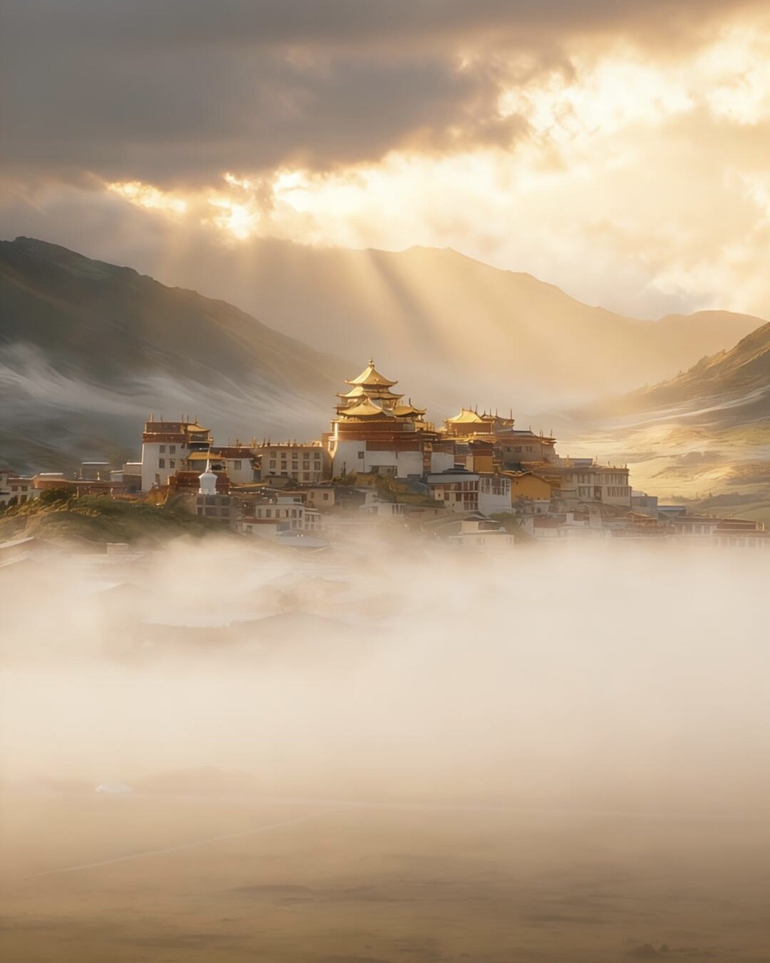 Tibetan pilgrims circumambulating the golden-roofed halls of Songzanlin Monastery at sunset, Shangri-La