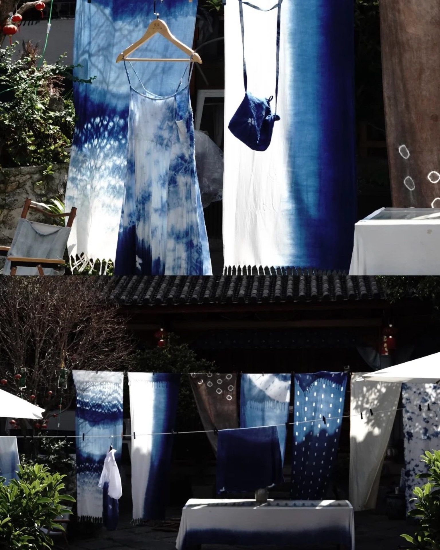 Bai tie-dye craftswoman dipping indigo cloth in a Zhoucheng workshop