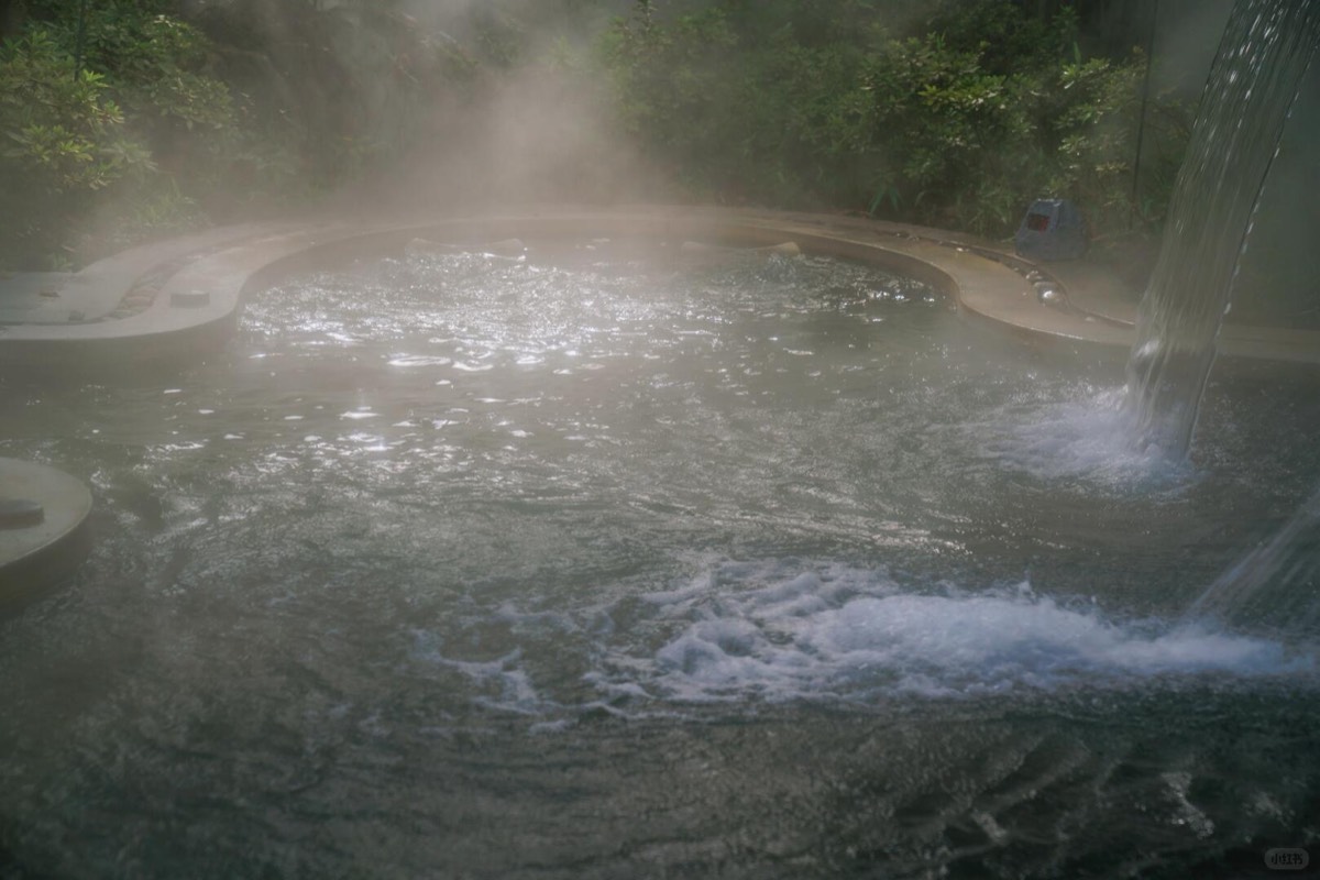 Steam rising off a natural stone hot-spring pool with a rushing water spout, framed by dense green foliage at Bolian Tengchong.