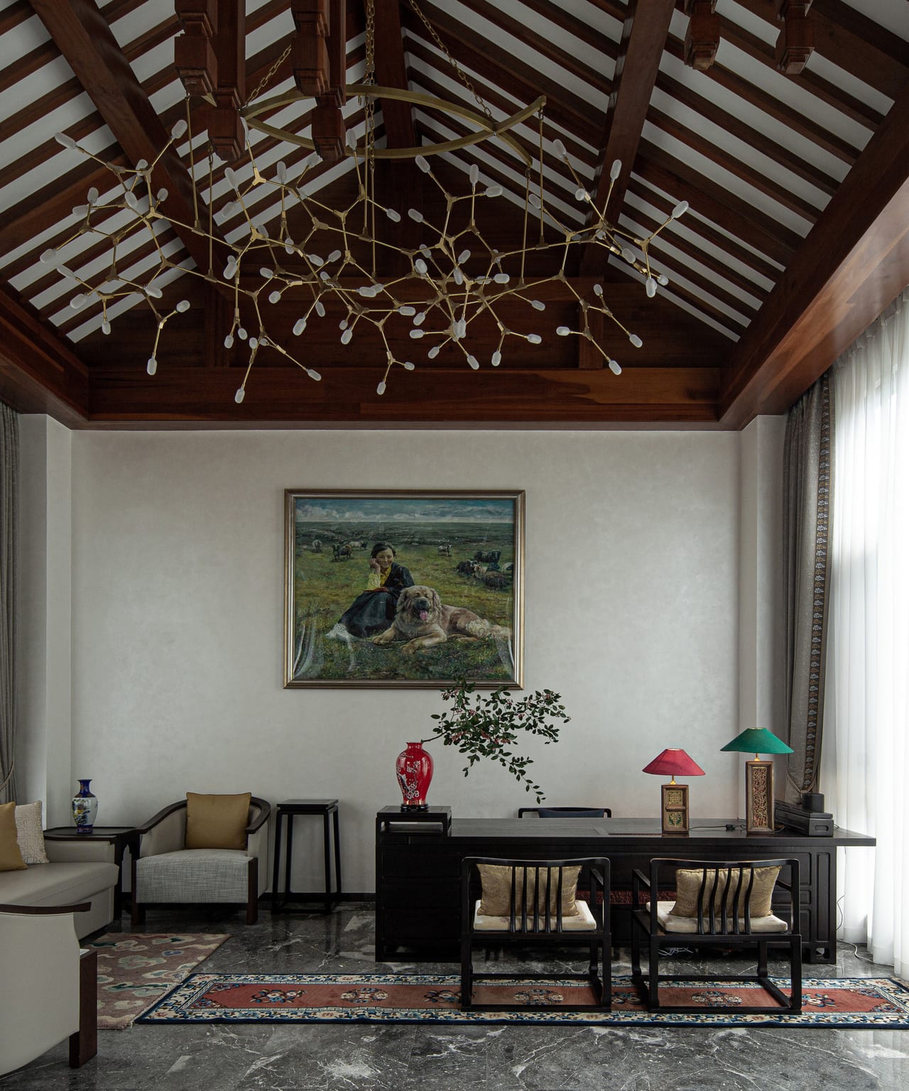 He Ting · Awamei — the lounge under a pitched timber ceiling, art and rosewood furniture