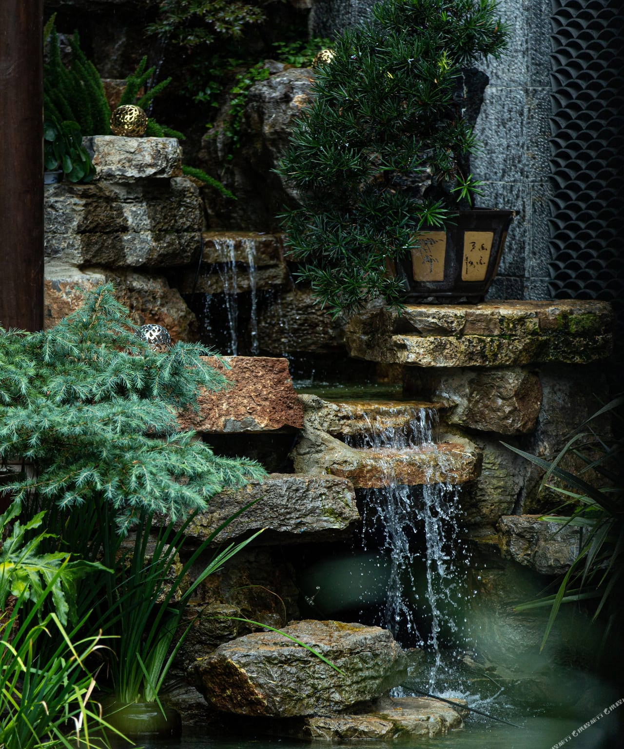 He Ting · Awamei — a rockery and small waterfall in the garden