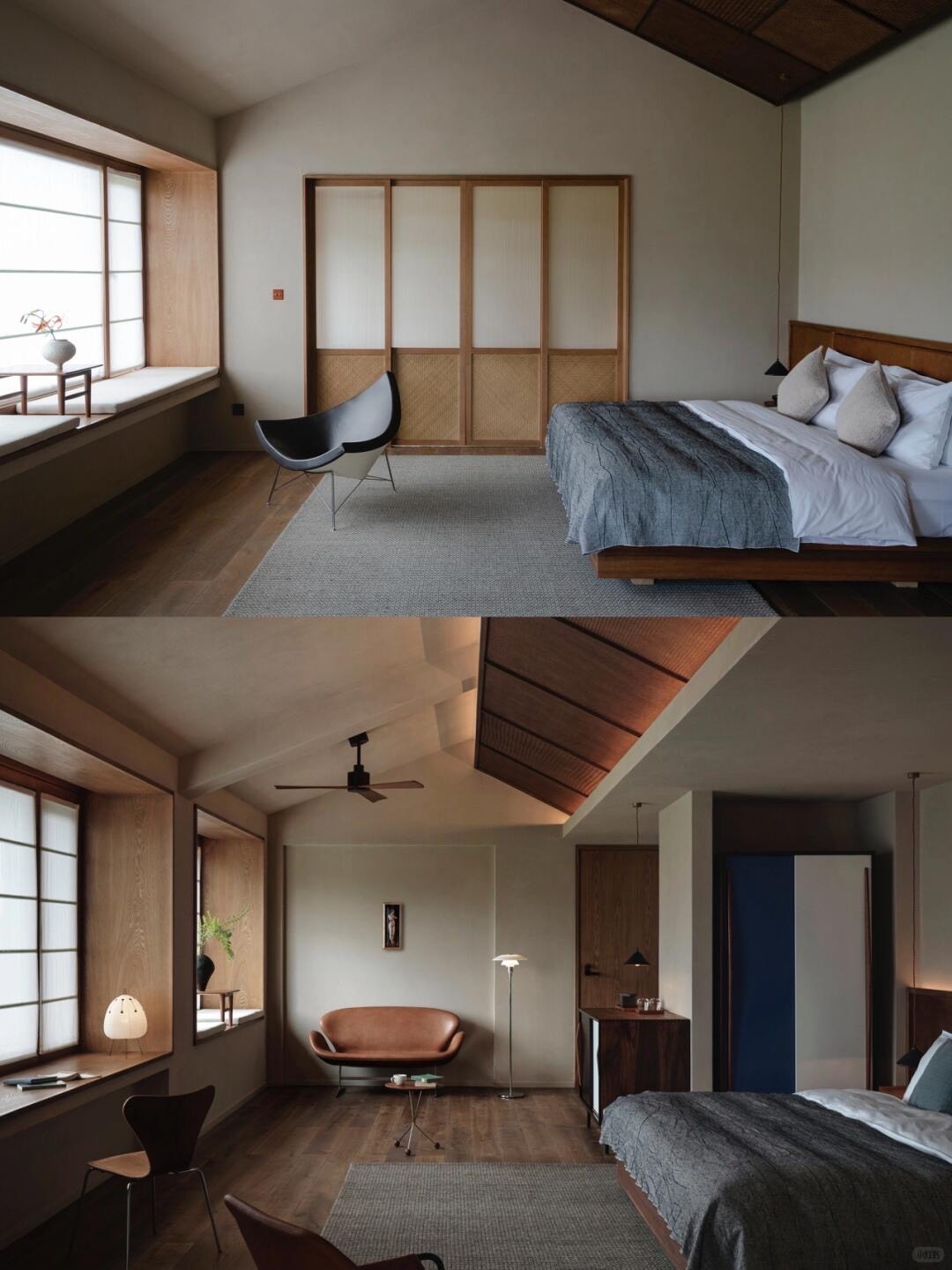 Minimalist bedroom suite with shoji-style screens, timber beams and a low platform bed in warm neutral tones.