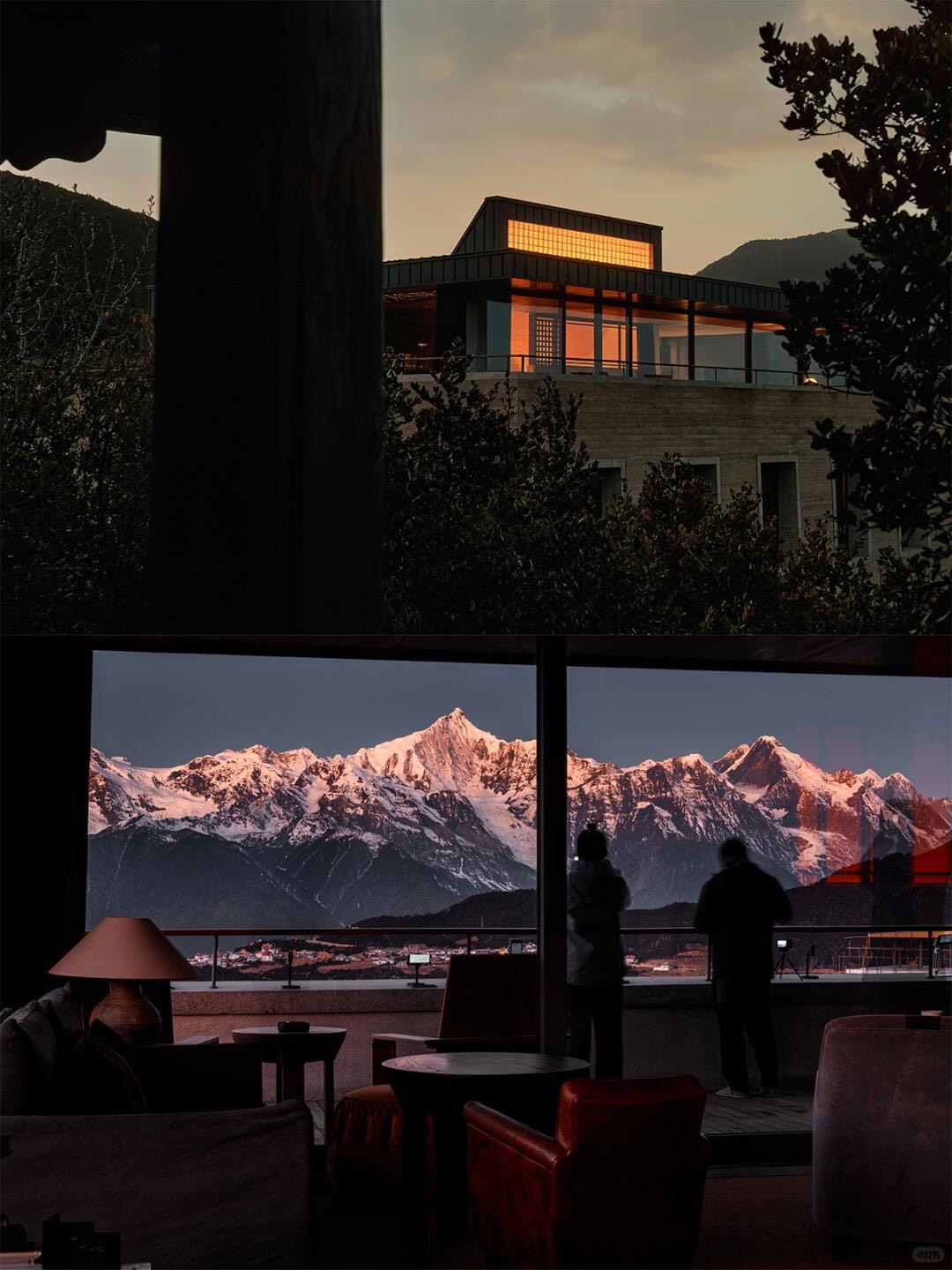 Guests on a lounge terrace at dusk watching alpenglow light a jagged snow-capped mountain range.